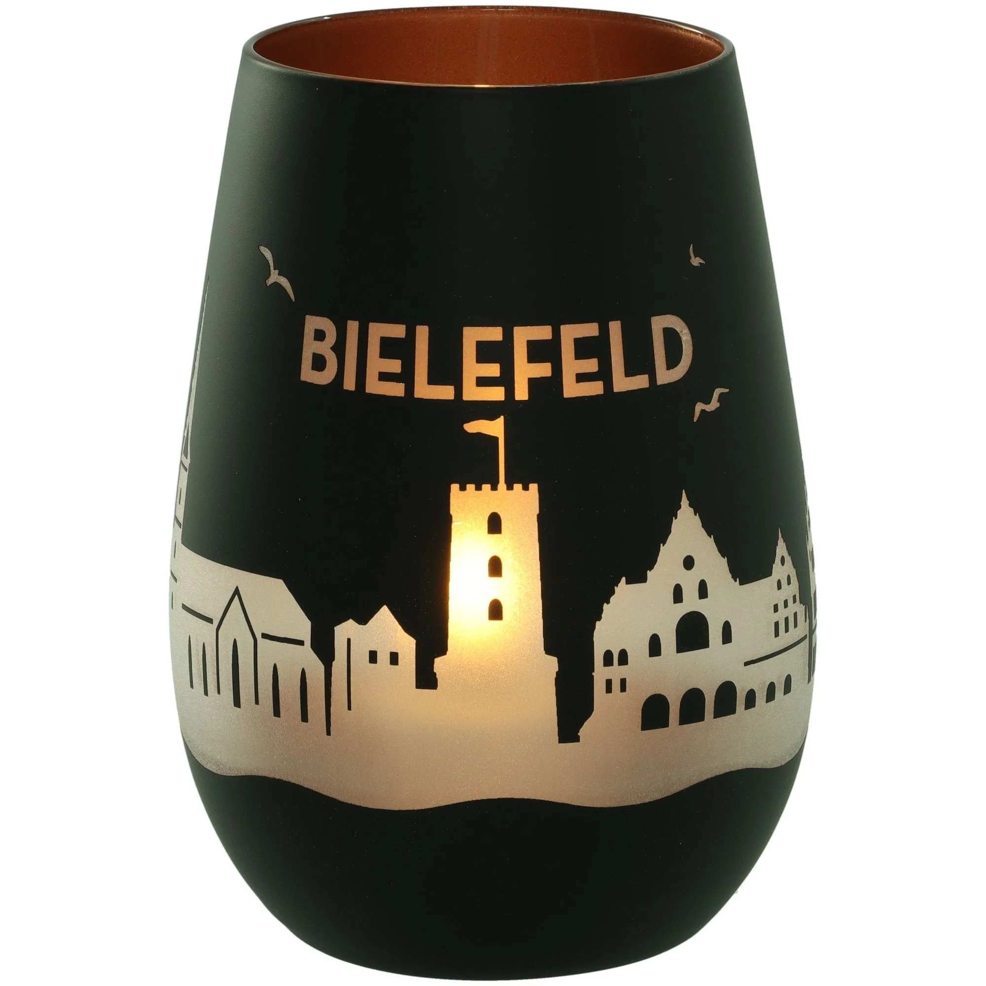 Wein-Glas, Kupfer-Optik, Bielefeld, Stadt-Silhouette, Laterne-Form