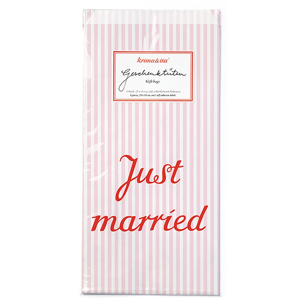6 Papier Geschenketüten - "Just Married" Weiß / Rosa