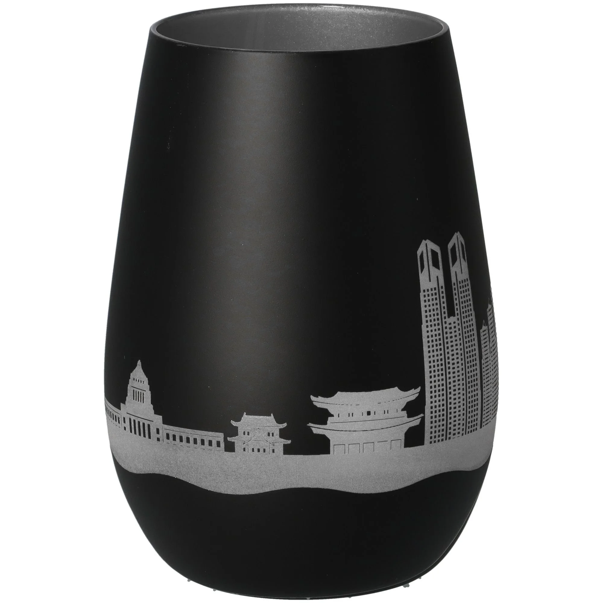 vase, schwarz, matt, stadtansicht, silbernerDekor