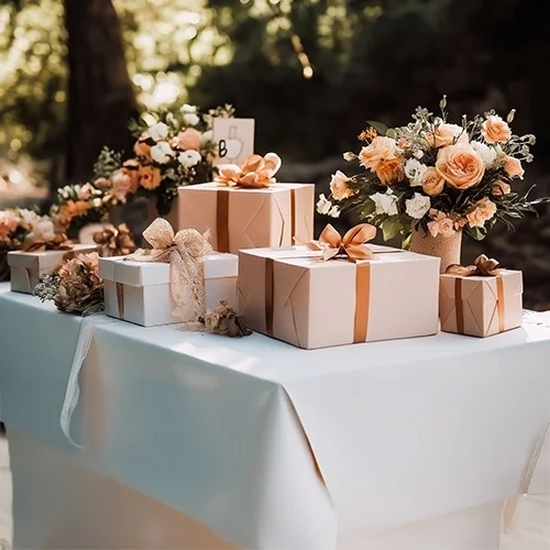 Geschenke, Geschenkboxen, Blumen, Tischdekoration, Hochzeit
