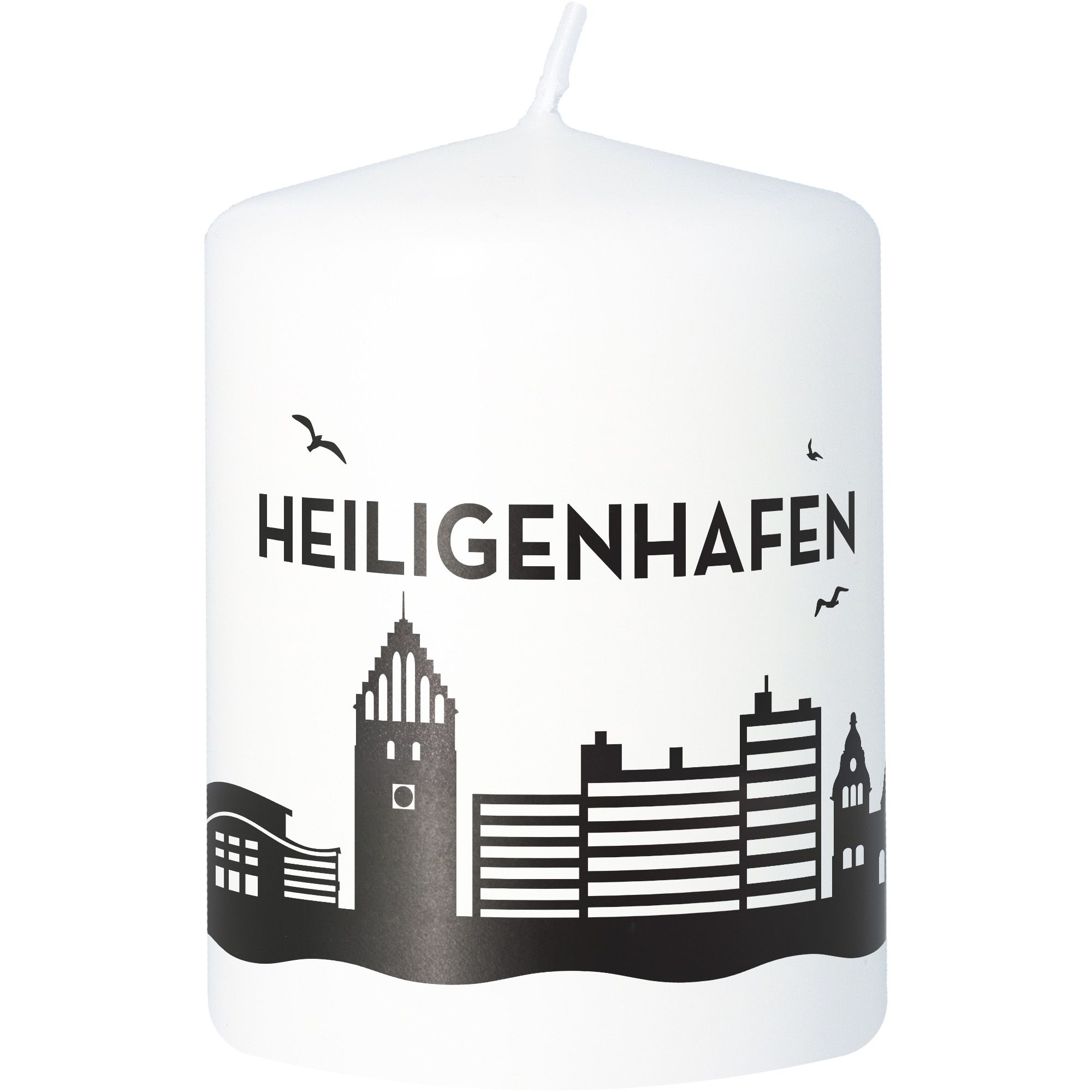 Stumpenkerze Skyline Heiligenhafen Weiß Stumpenkerze Skyline Heiligenhafen Weiß
