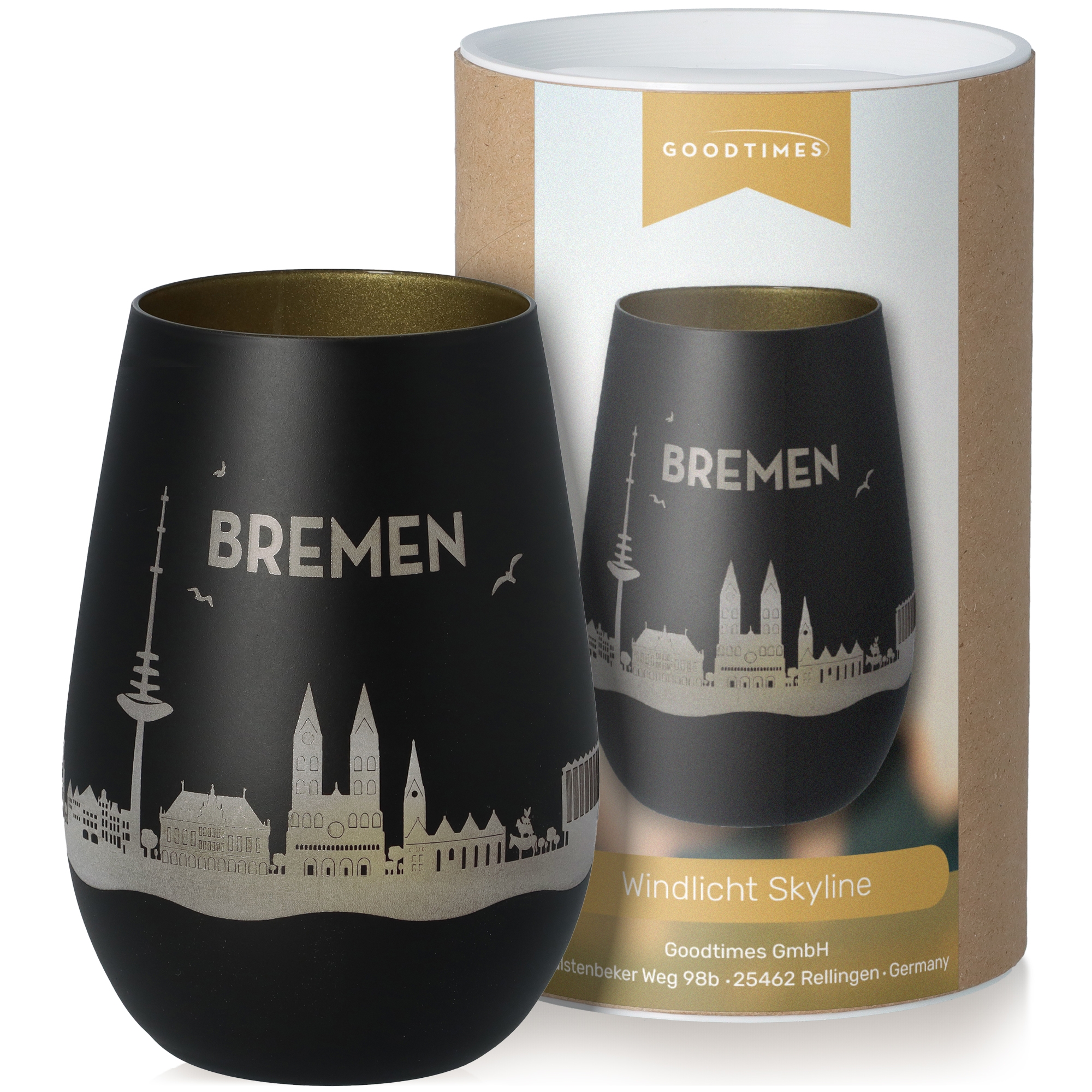 Windlicht Skyline Bremen Schwarz/Gold Krug, Töpferei