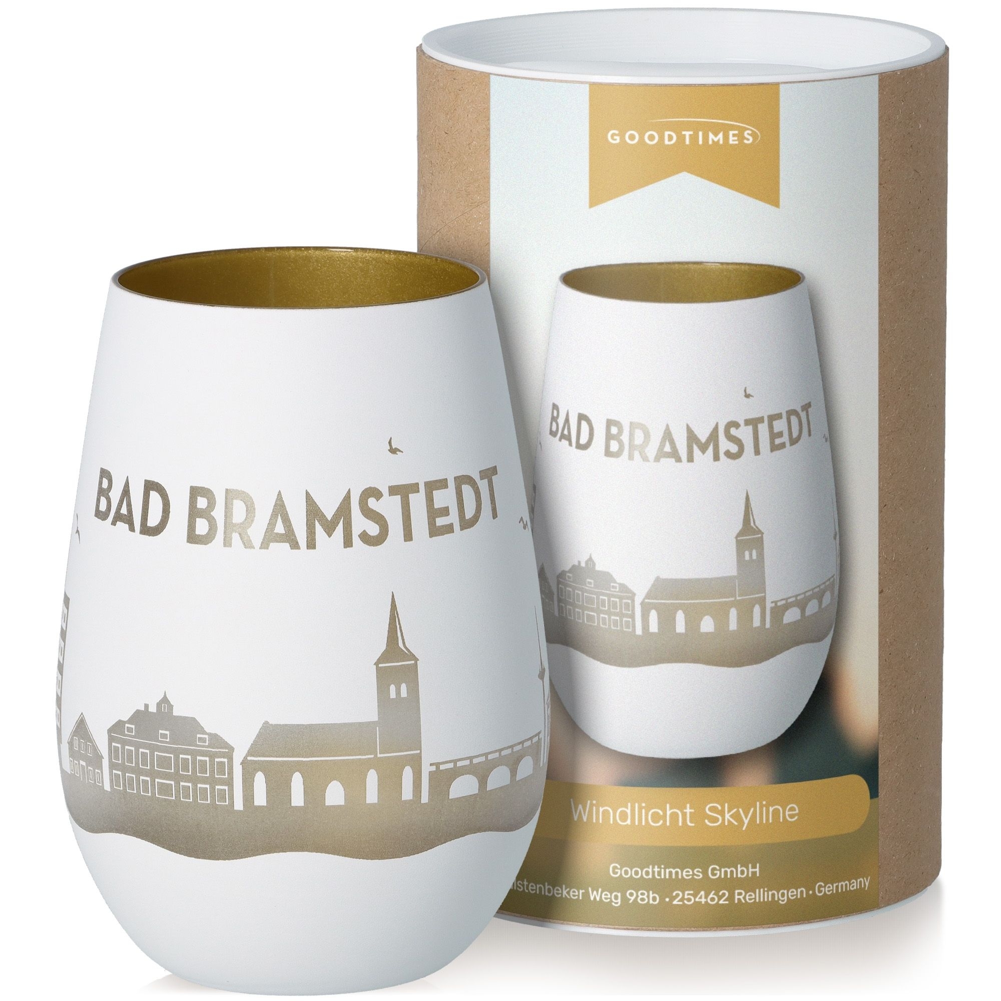 Windlicht Skyline Bad Bramstedt Weiß/Gold Töpferei, Tasse, Krug, Glas