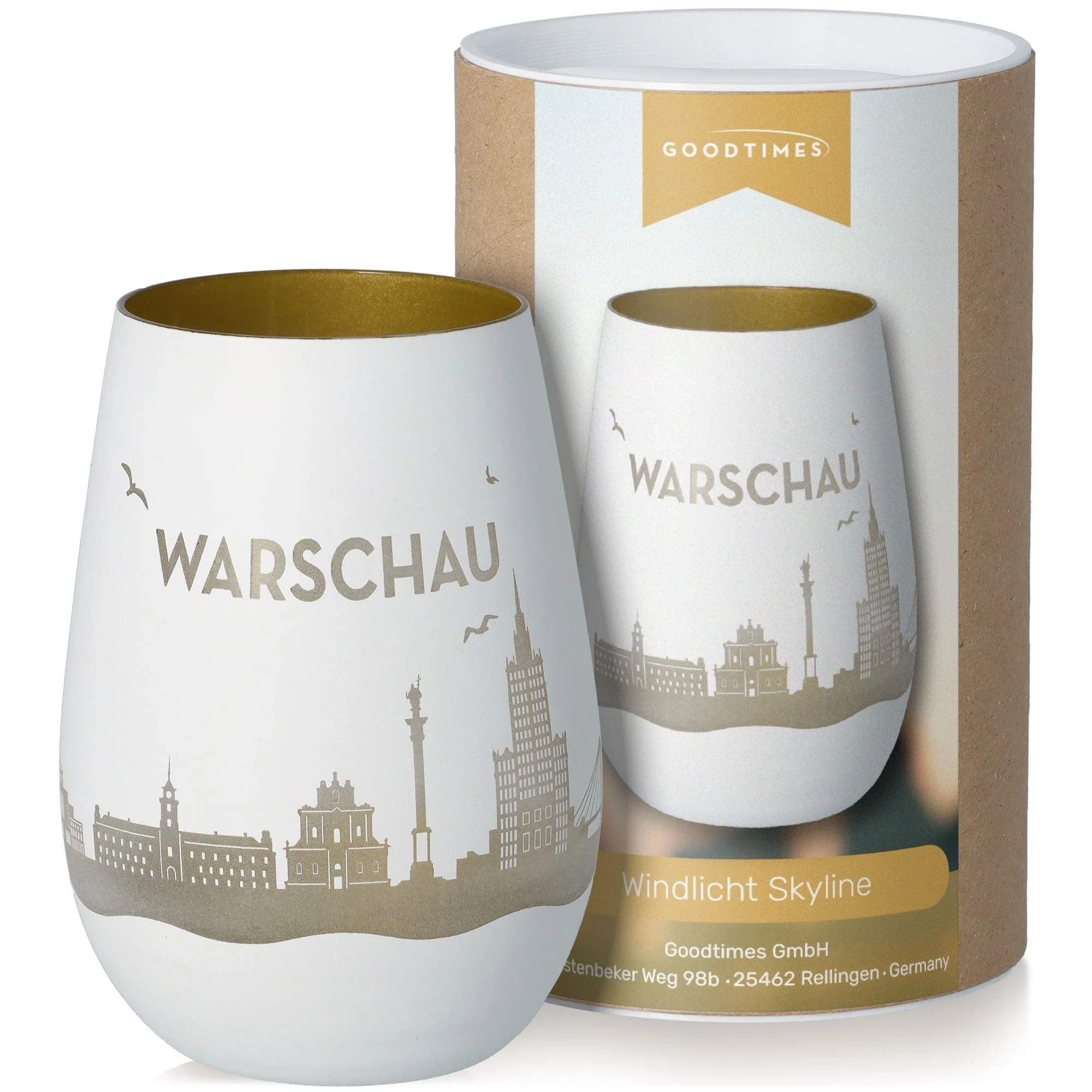 Weißes Glas, Windlicht, Stadt Silhouette, Goldene Innenfläche, Windlicht Skylines