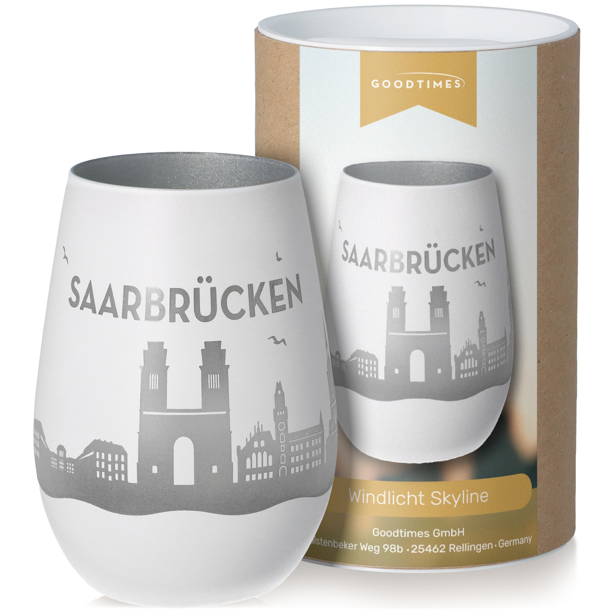 Windlicht Skyline Saarbrücken Weiß/Silber Pokal, Töpferei