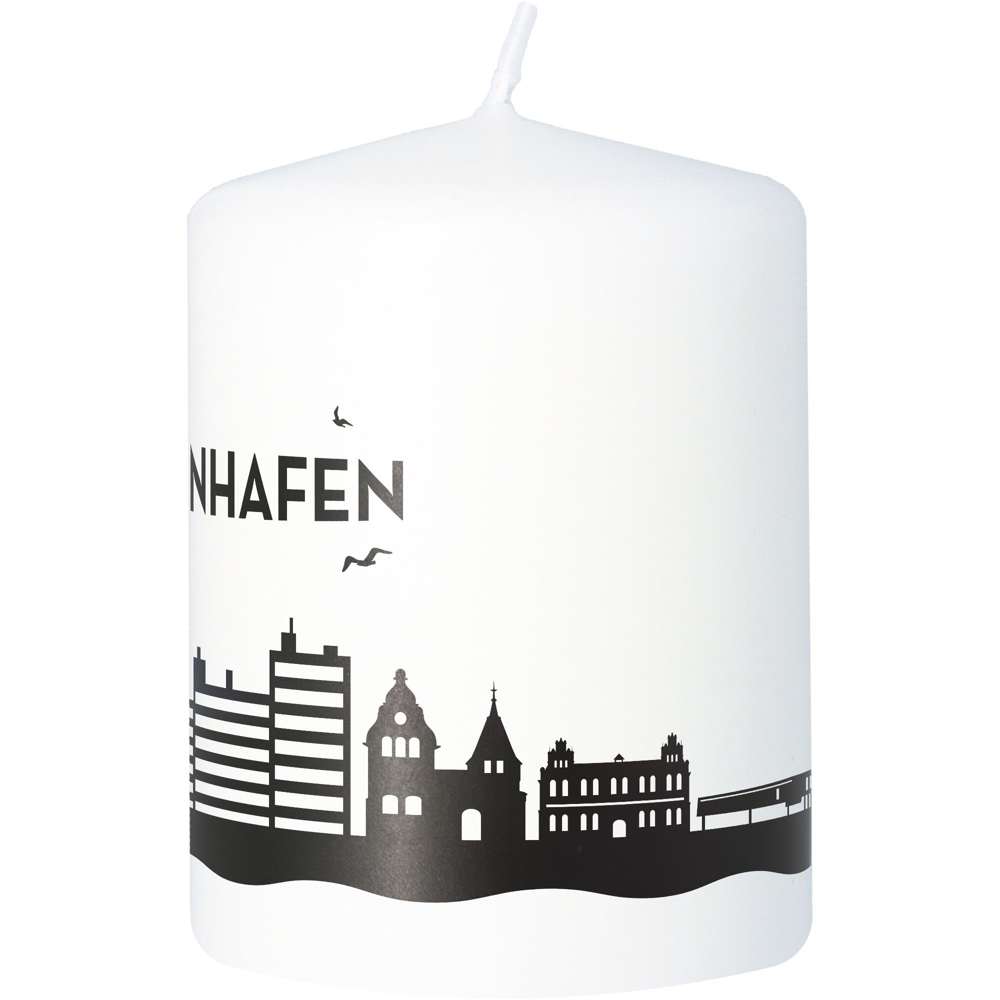 Stumpenkerze Skyline Heiligenhafen Weiß Stumpenkerze Skyline Heiligenhafen Weiß
