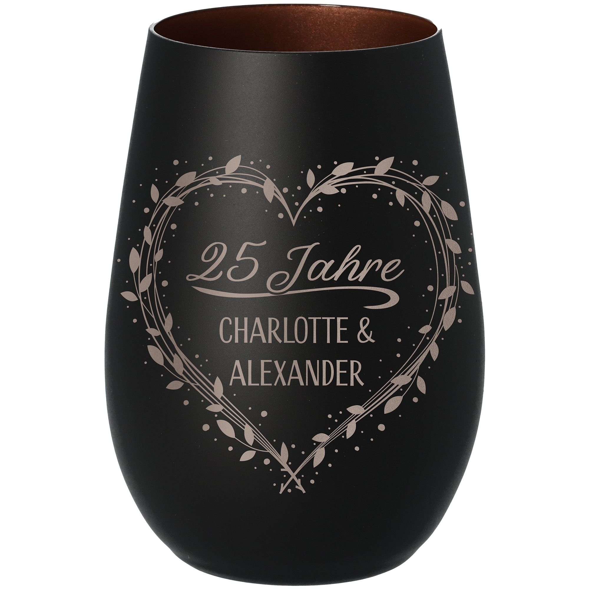 0ac2fb2c13ac56e1139ed58c7b780db46e9a415f Windlicht Jubiläum "Namen+Zahl" Schwarz/Bronze