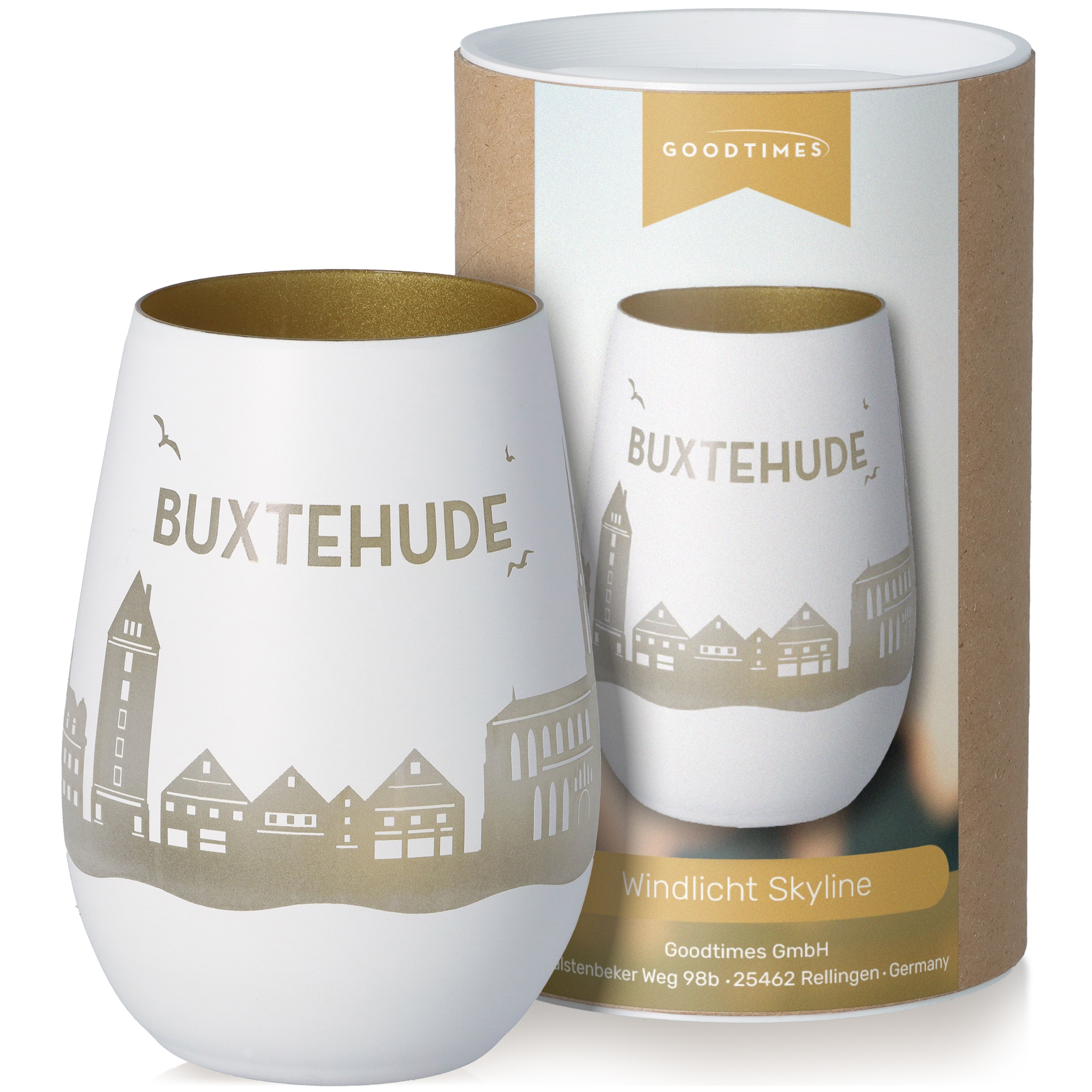 Windlicht Skyline Buxtehude Weiß/Gold Töpferei, Krug, Tasse, Glas