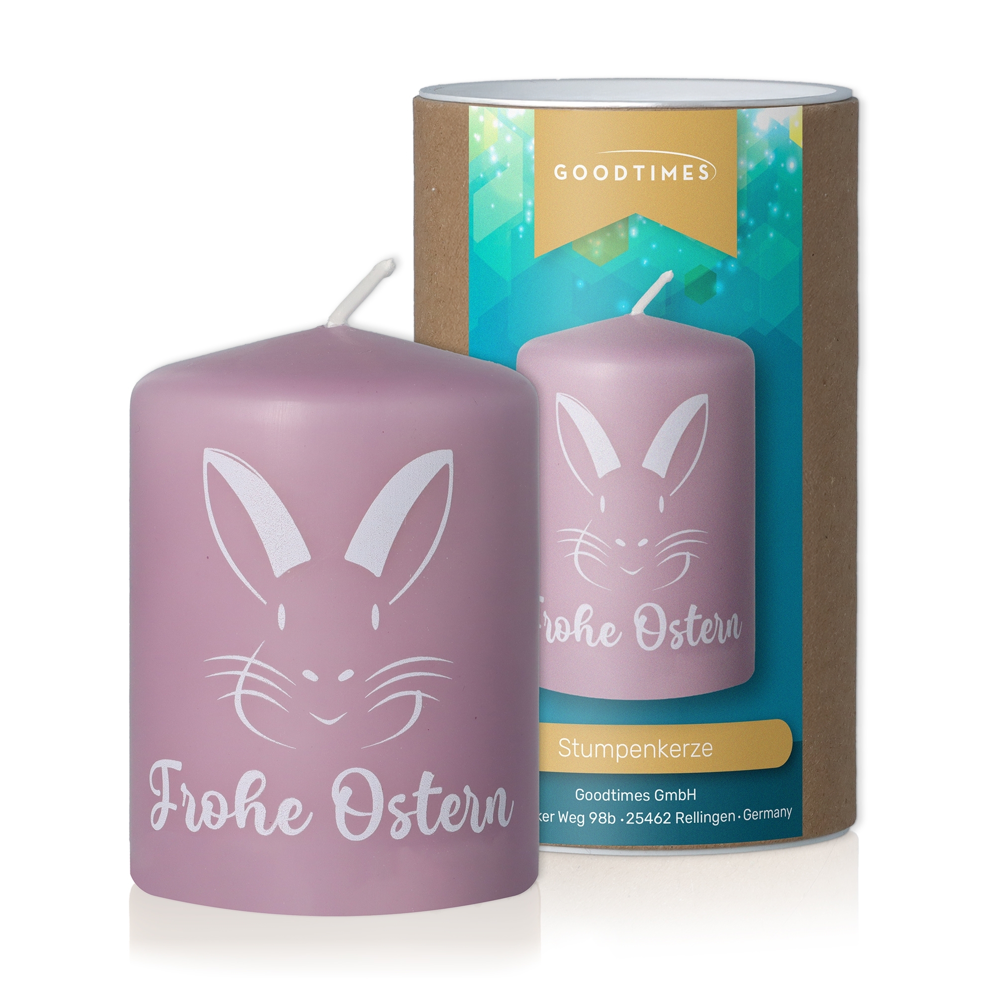 Stumpenkerze Flieder "Frohe Ostern" Stumpenkerze Flieder "Frohe Ostern"