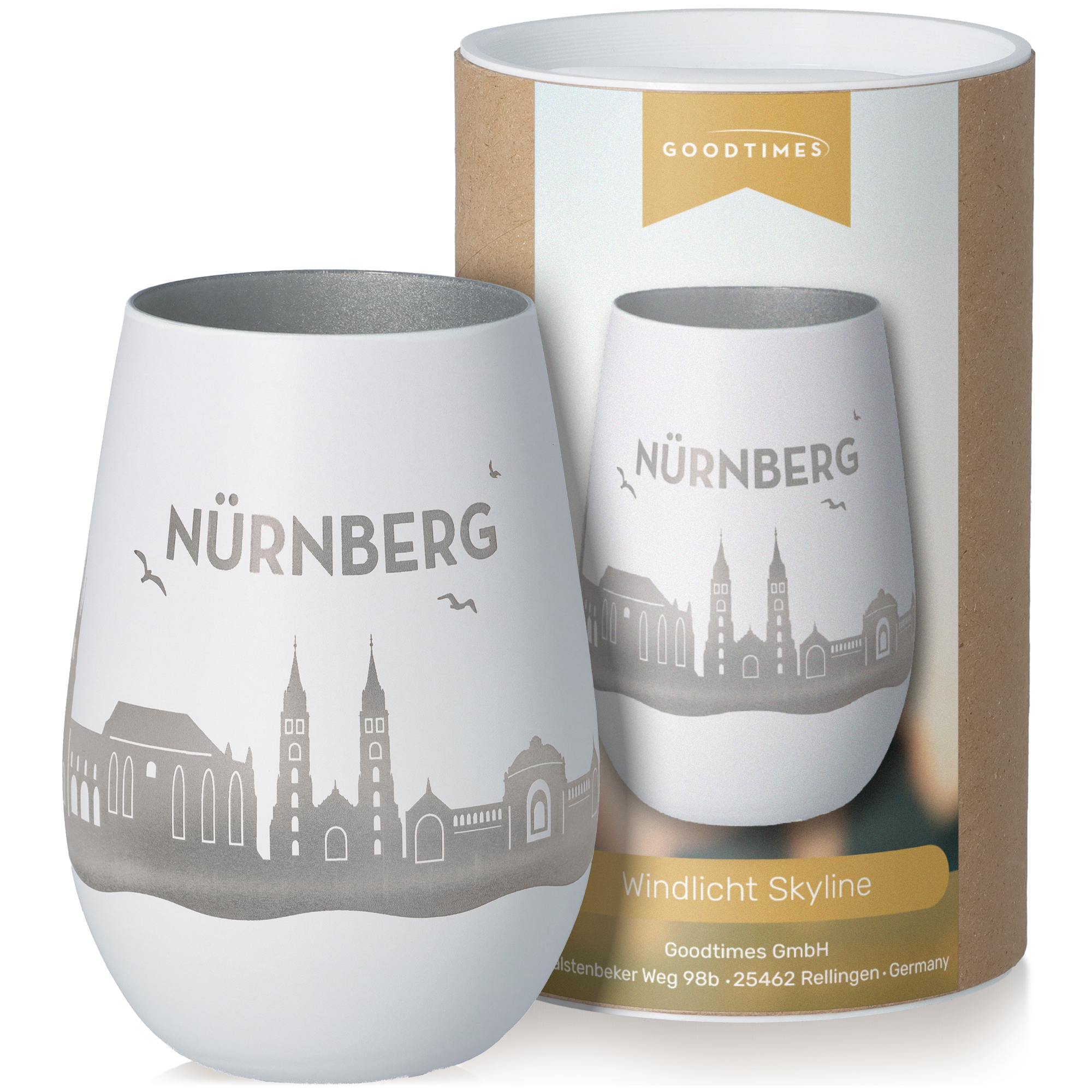 Windlicht Skyline Nürnberg Weiß/Silber Töpferei, Glas, Einmachglas, Tasse