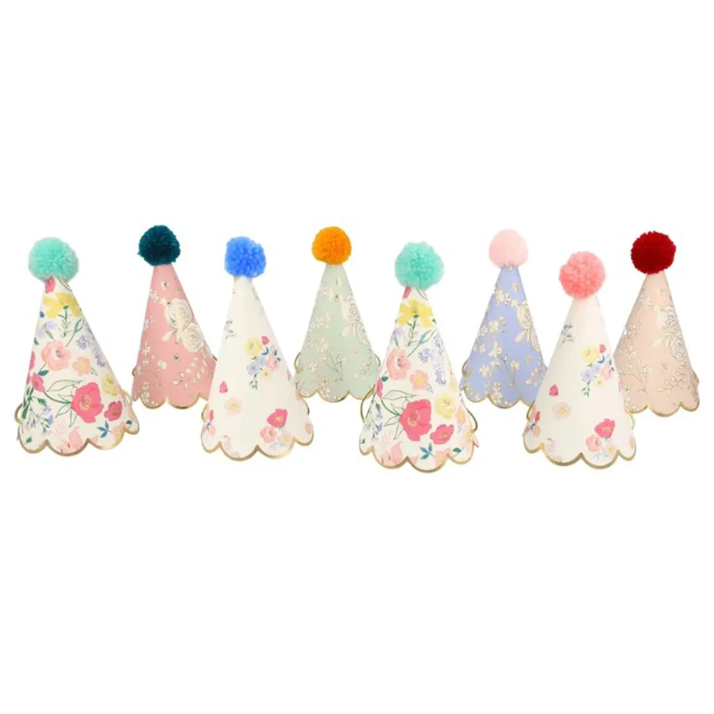 party hats, cone hats, pompon top, floral pattern, bunte farben