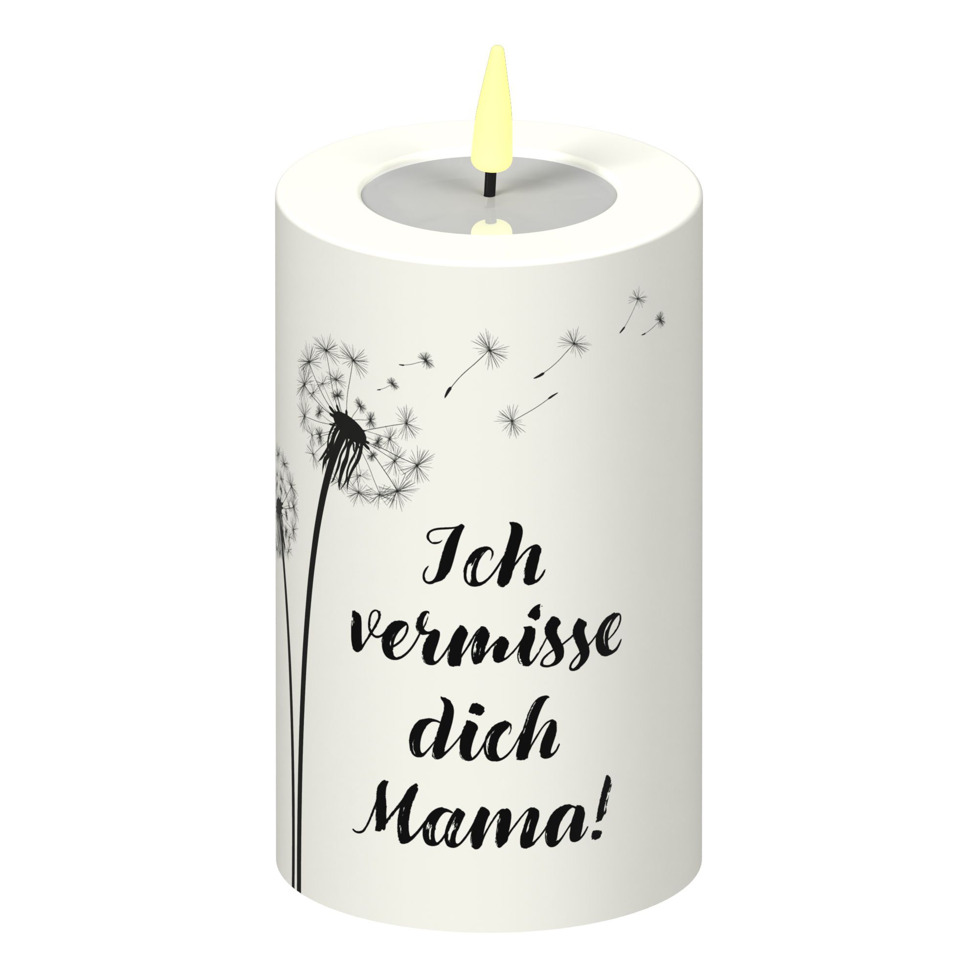 LED Stumpenkerze Weiß Pusteblume "Ich vermisse dich Mama!" LED Stumpenkerze Weiß Pusteblume "Ich vermisse dich Mama!"