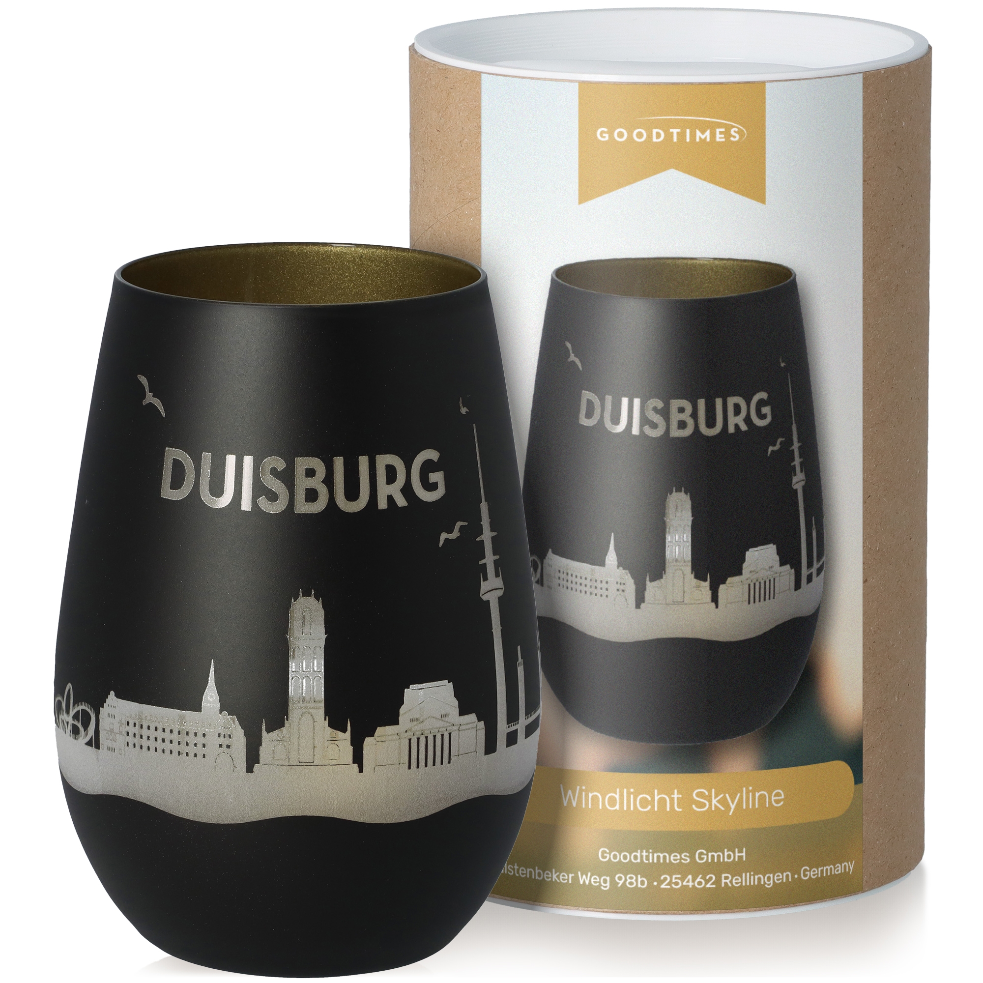 Windlicht Skyline Duisburg Schwarz/Gold Pokal, Töpferei, Krug