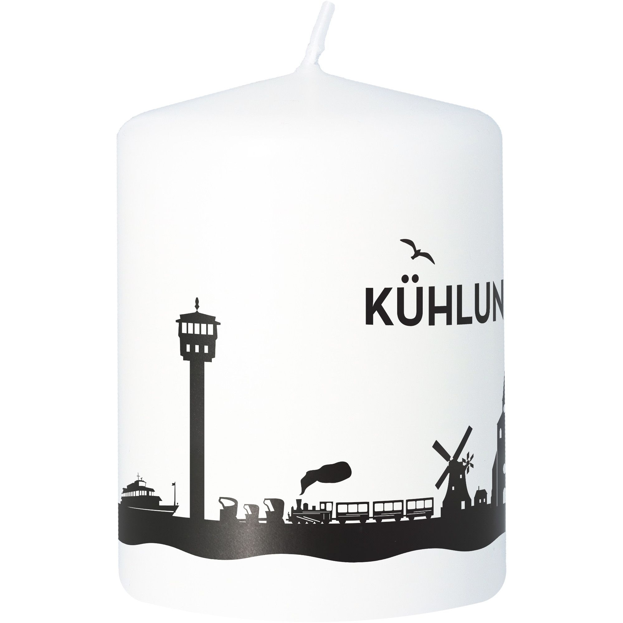 Stumpenkerze Skyline Kühlungsborn Weiß