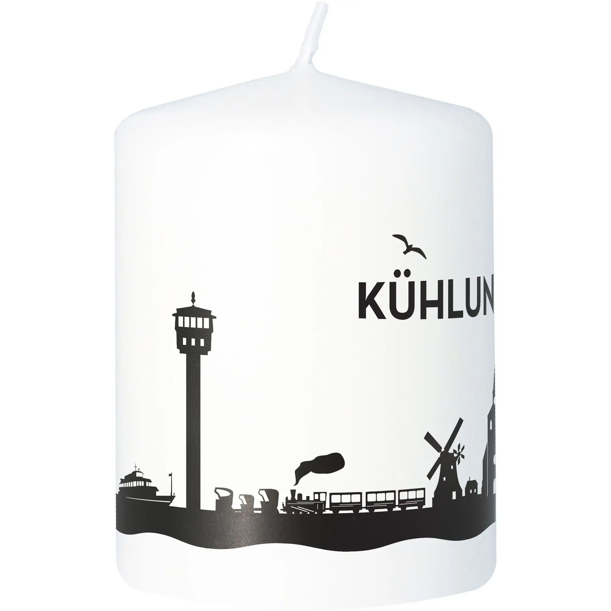 Stumpenkerze Skyline Kühlungsborn Weiß