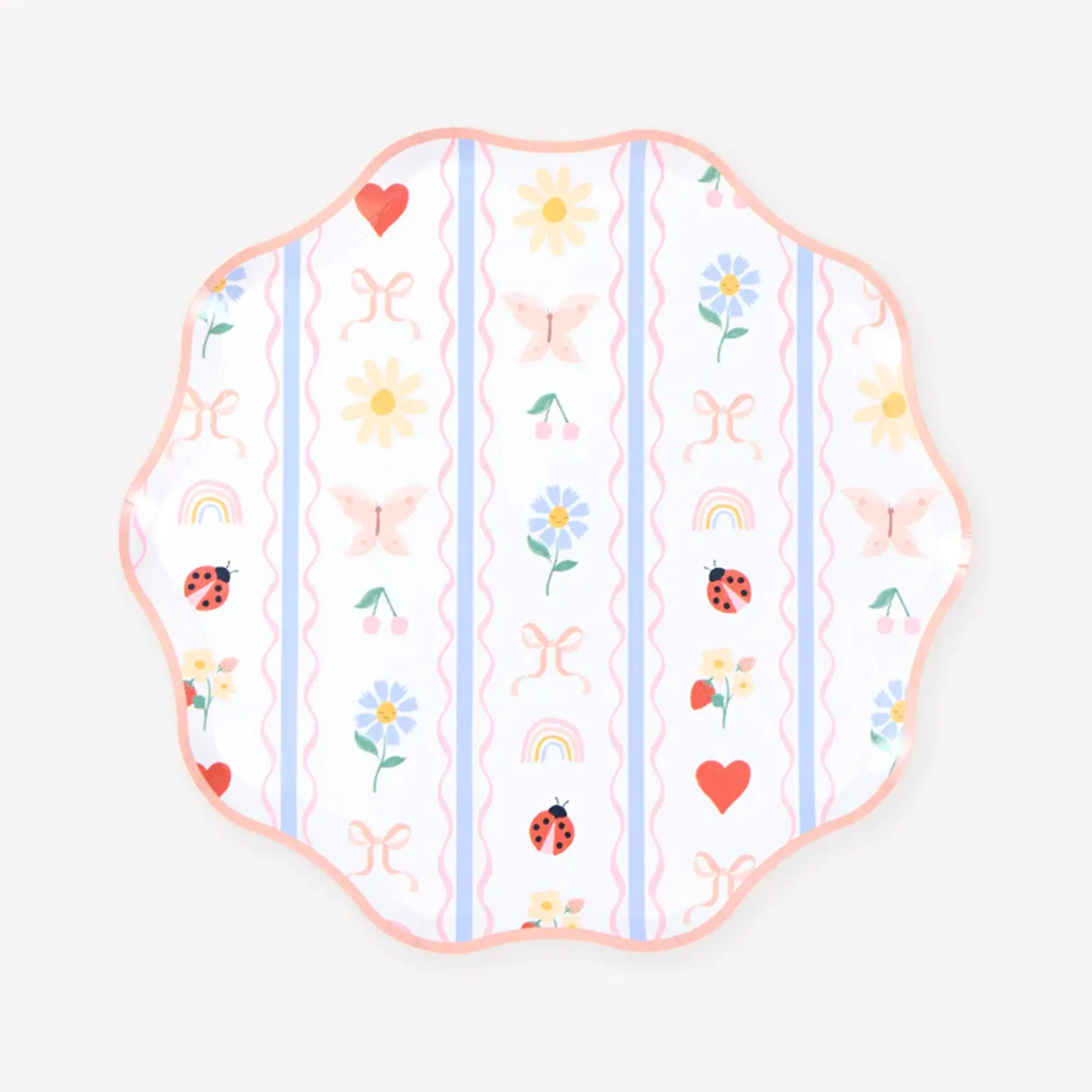 Kunststoffteller, Blumenmuster, Schmetterling, Herzen, Musterstreifen