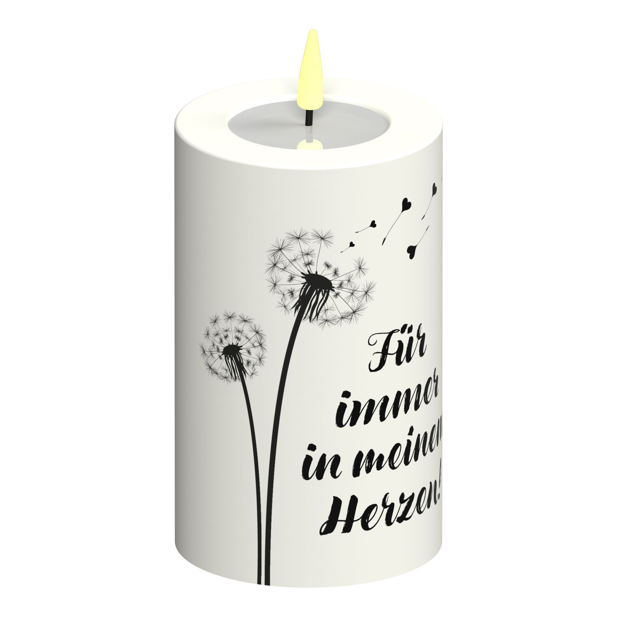 LED Stumpenkerze Weiß Pusteblume Herzen "Für immer in meinem Herzen"
