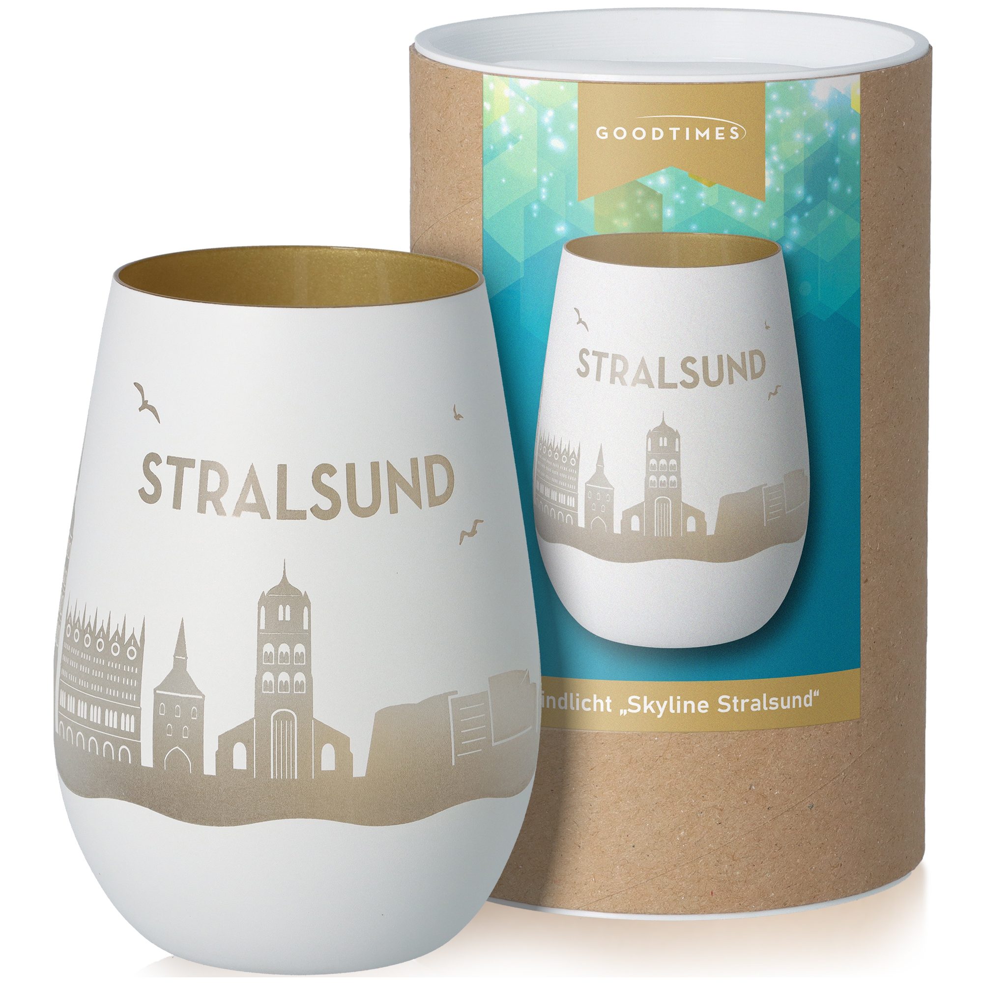 Windlicht Skyline Stralsund Weiß/Gold