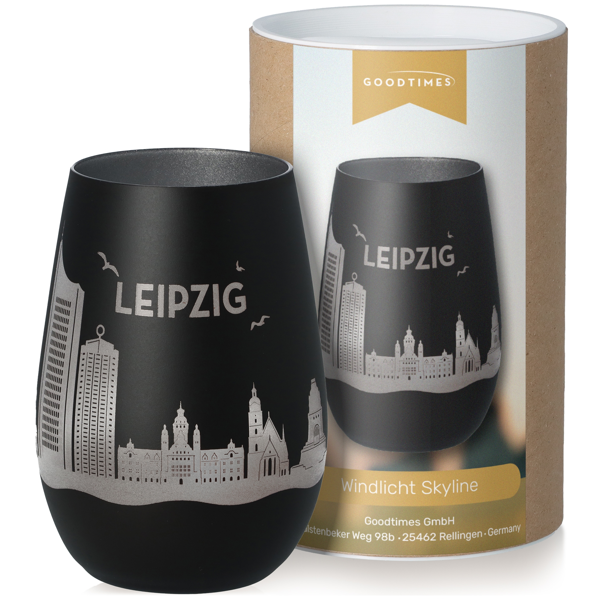 Windlicht Skyline Leipzig Schwarz/Silber Krug, Töpferei
