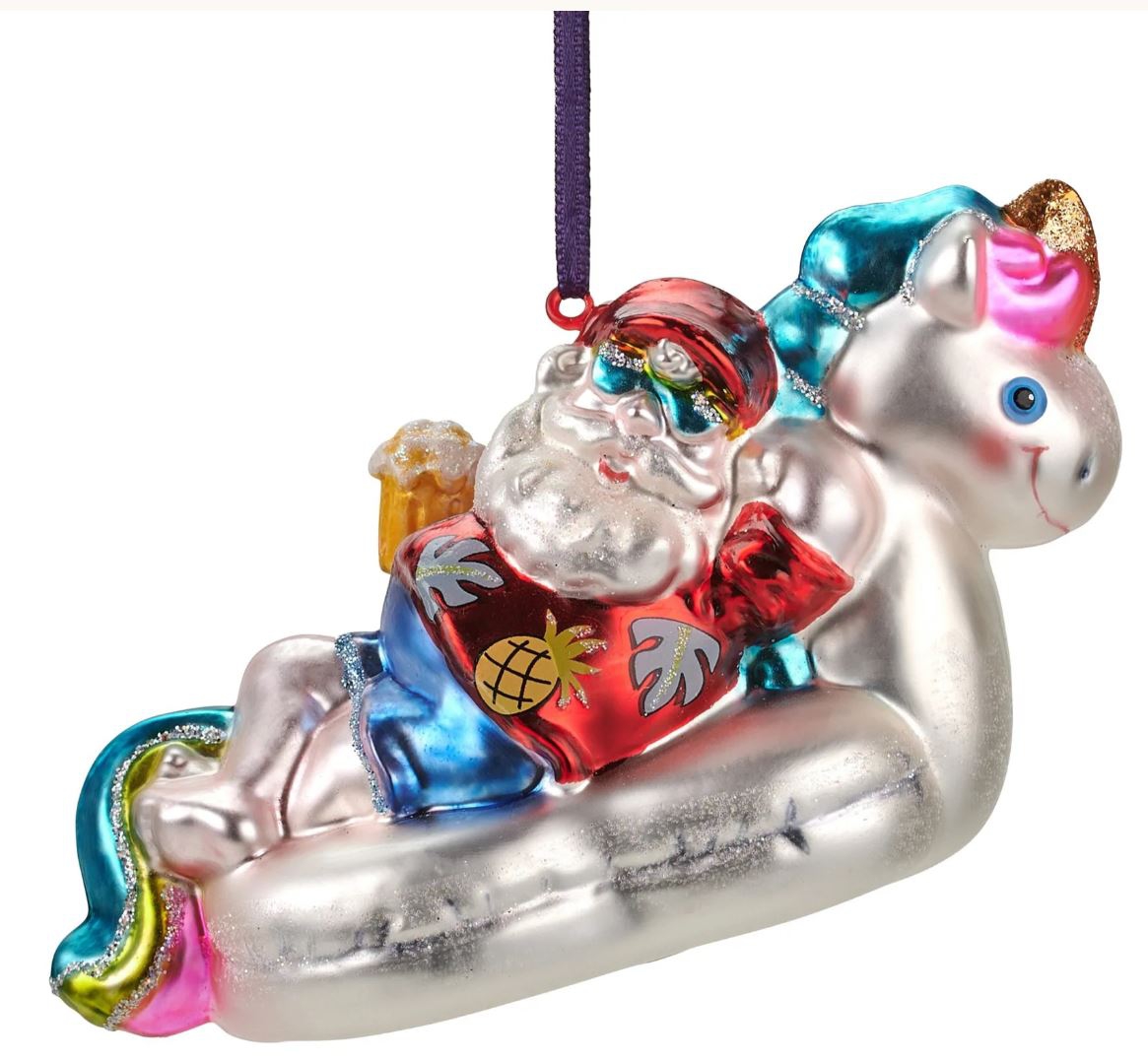 Weihnachtskugel "Santa auf Einhorn-Luftmatraze" Weihnachtskugel "Santa auf Einhorn-Luftmatraze"