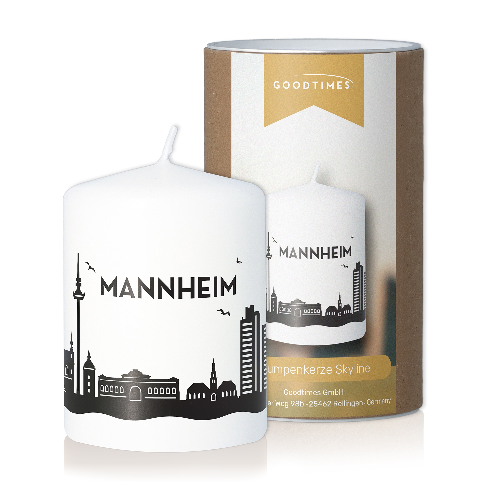 Stumpenkerze Skyline Mannheim Weiß Kerze