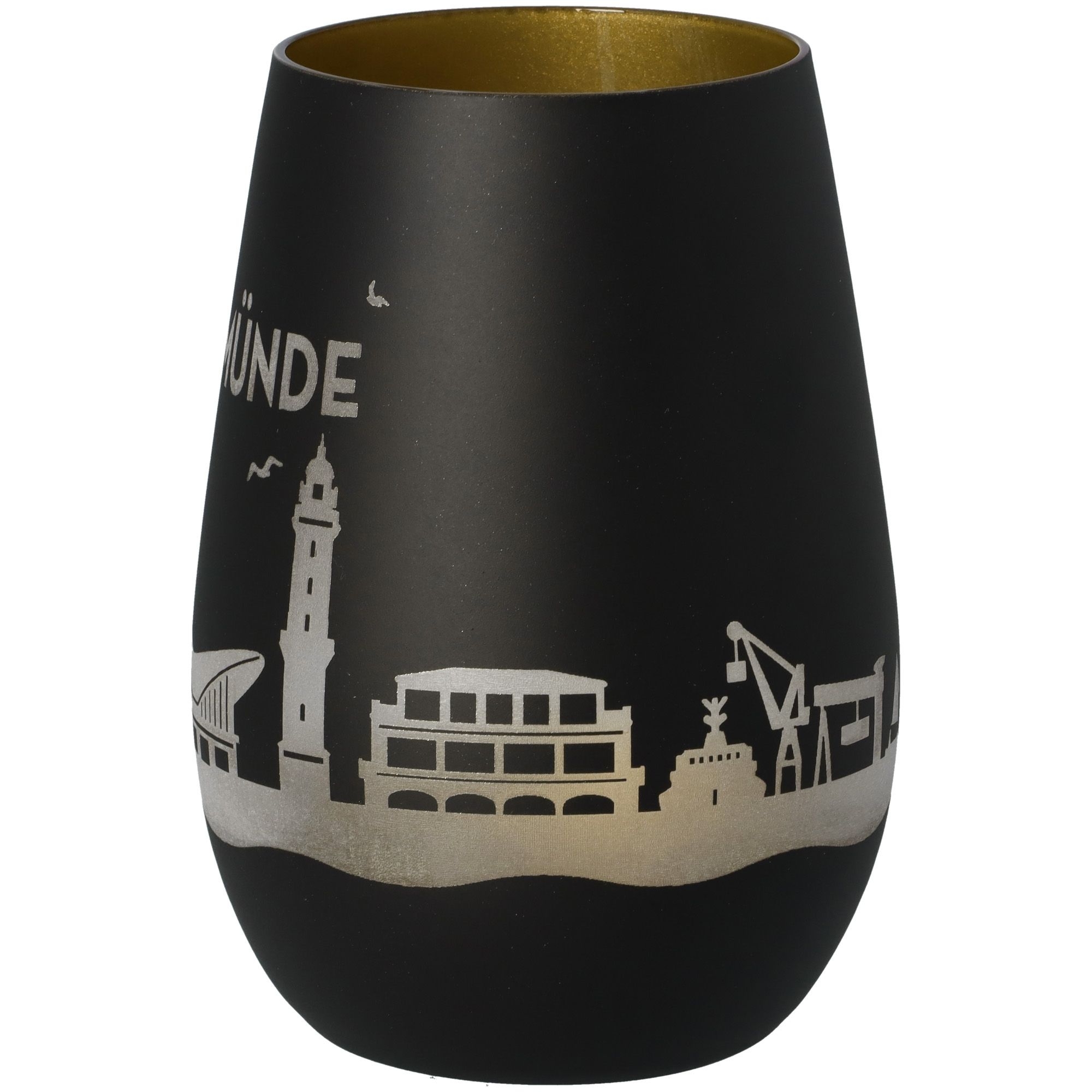 Windlicht Skyline Warnemünde Schwarz/Gold