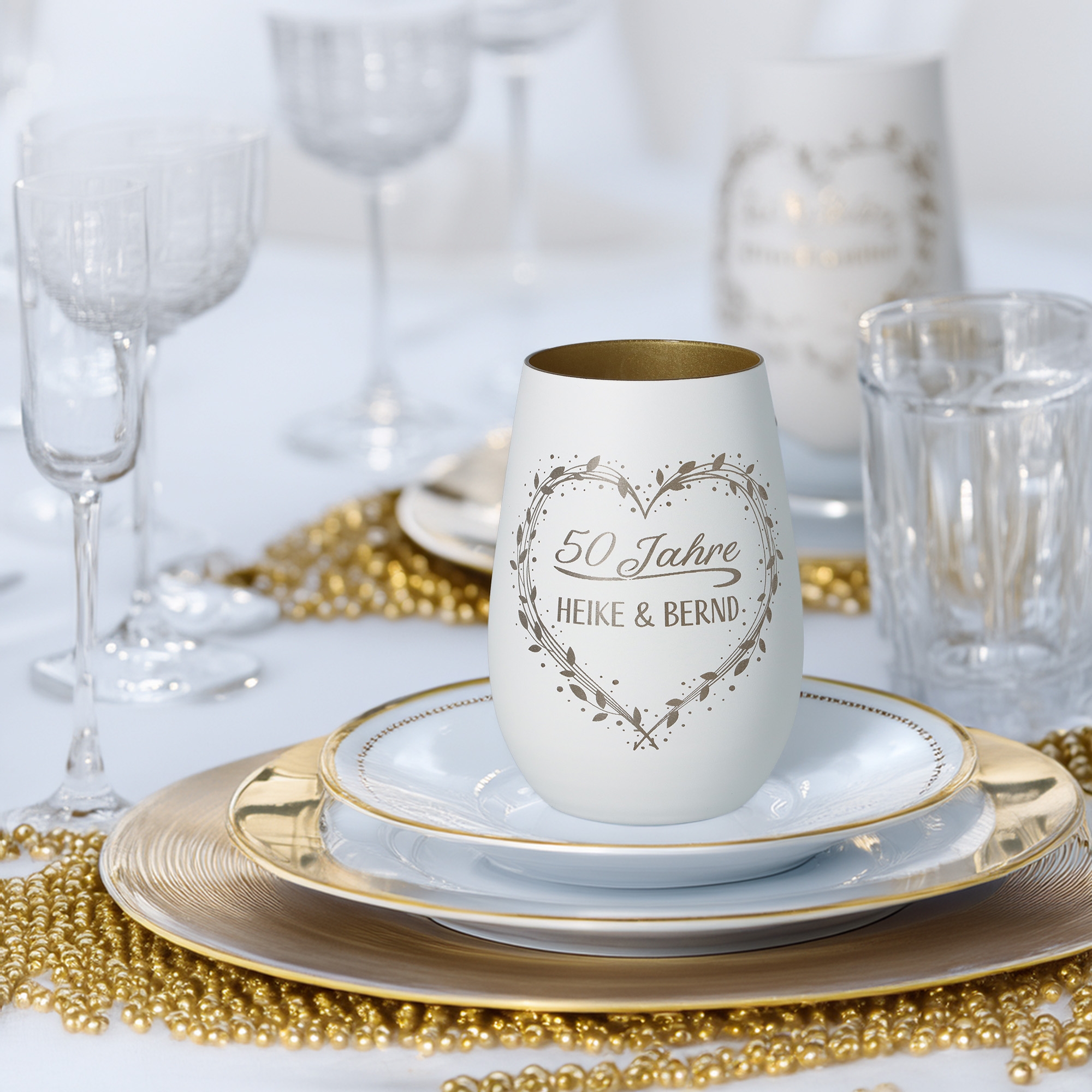 Windlicht 50 Jahre "Namen" Weiß/Silber Glas, Untertasse, Kelch, Tasse, Porzellan