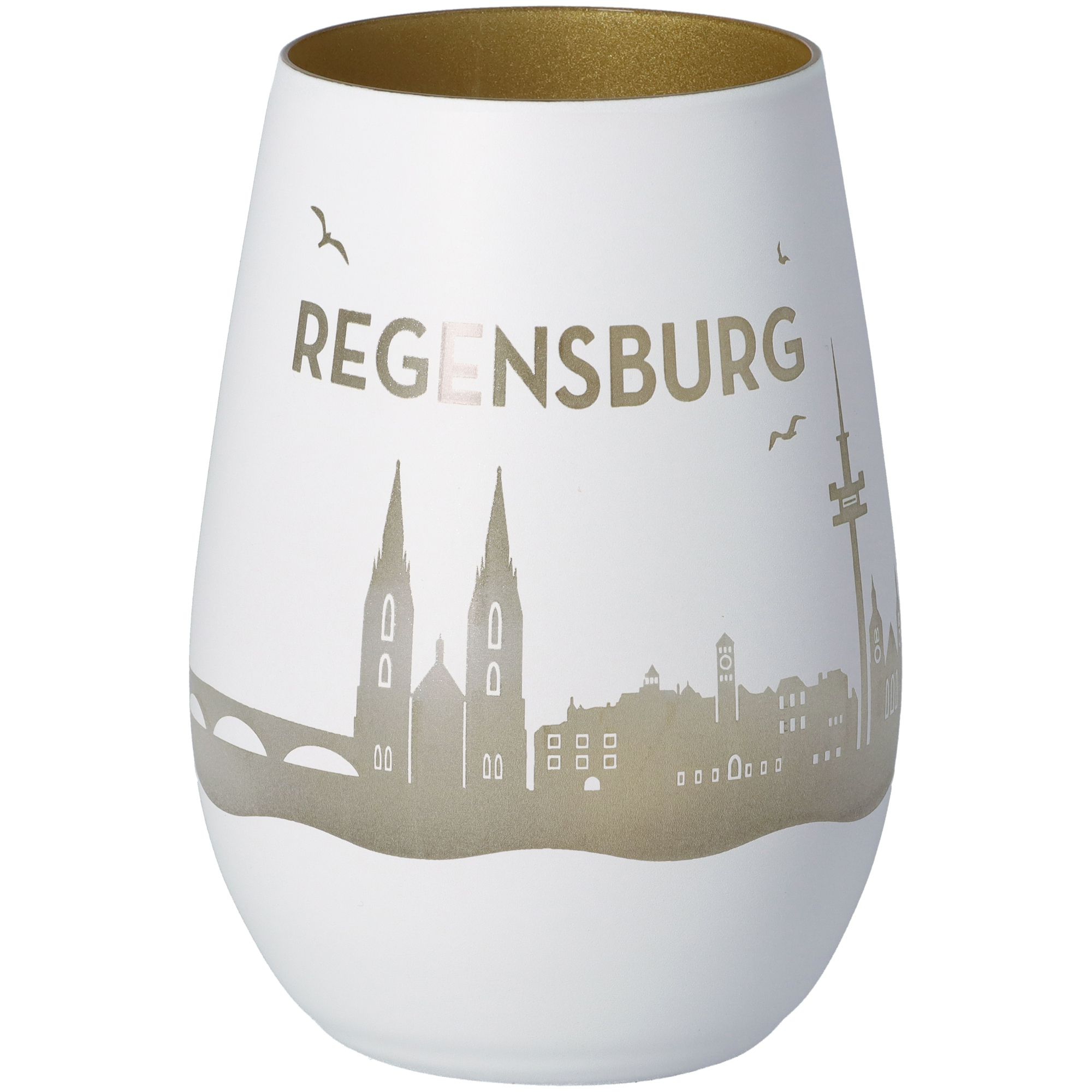 Windlicht Skyline Regensburg Weiß/Gold