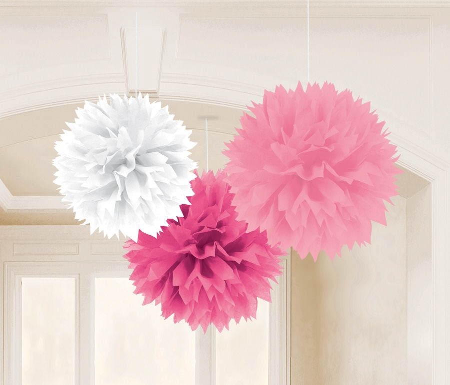 Baby Girl - 3 Fluffy Pom Poms Rosa & Weiß Baby Girl - 3 Fluffy Pom Poms Rosa & Weiß