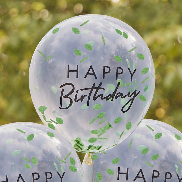 5 Konfettiballons "Happy Birthday"- Grüne Blätter Ø 30cm