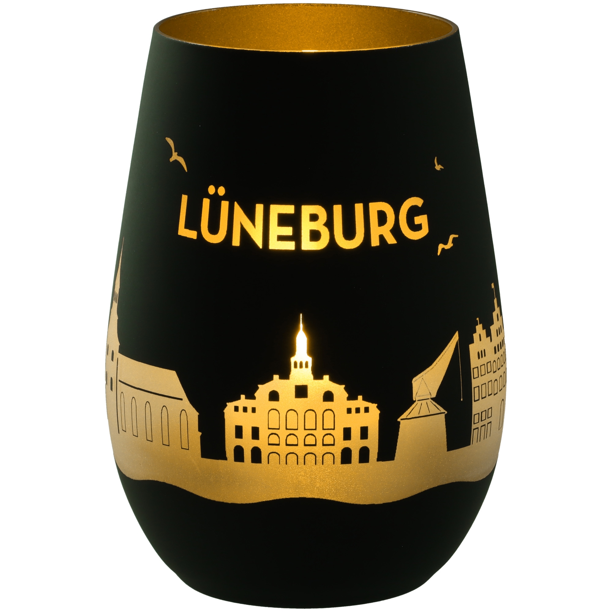 Windlicht Skyline Lüneburg Schwarz/Gold Krug, Töpferei, Lampe