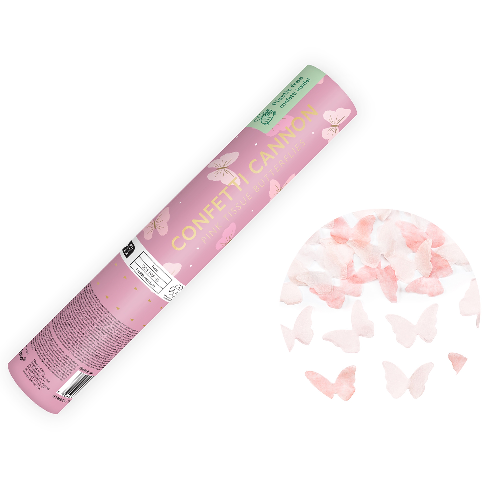 Konfetti Kanone mit pinken Schmetterlingen, 20 cm Blume, Blütenblatt, Pflanze