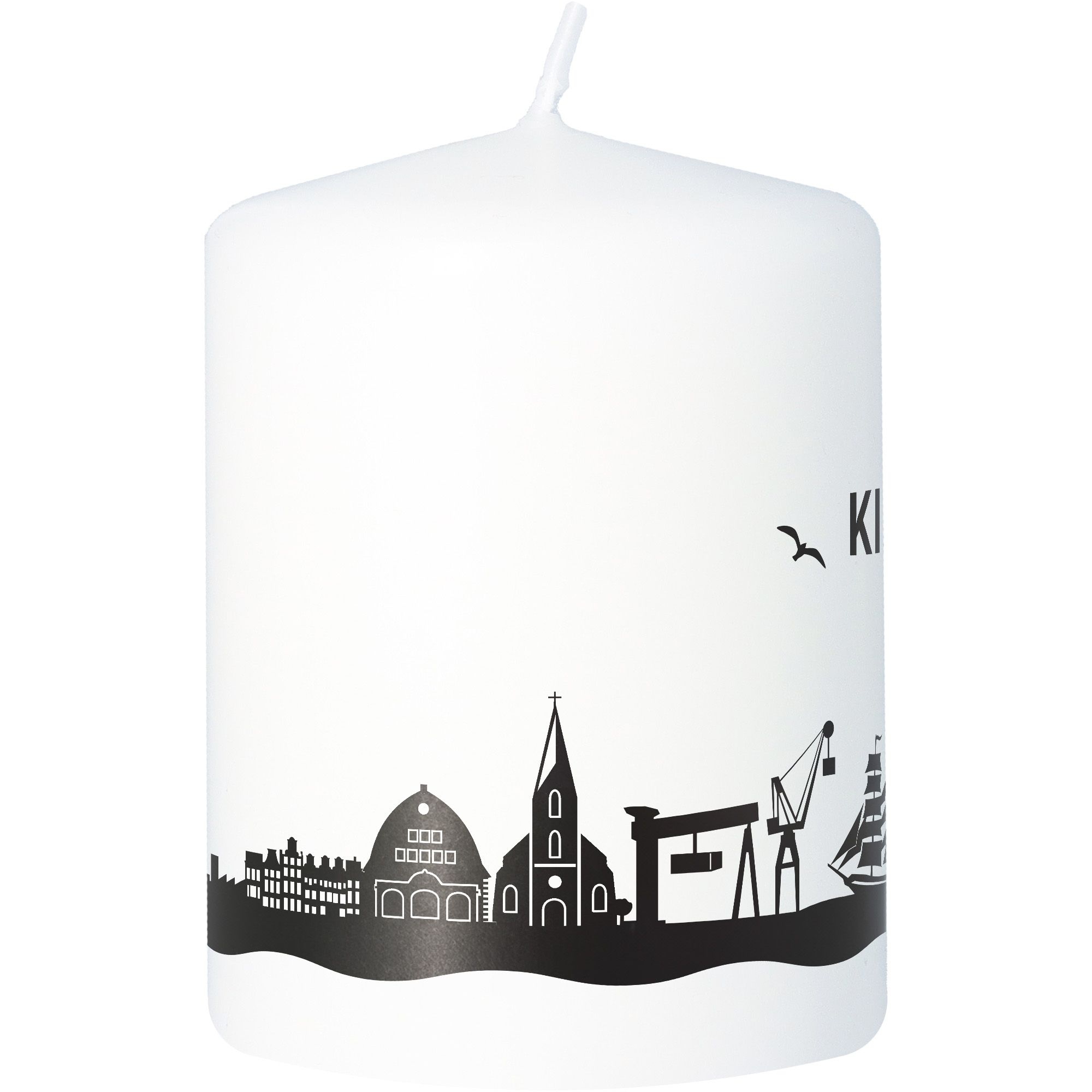Stumpenkerze Skyline Kiel Weiß Stumpenkerze Skyline Kiel Weiß