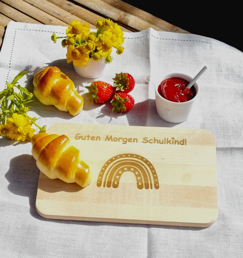 Frühstücksbrettchen Guten Morgen Schulkind Regenbogen Stern 23cm x 15cm x 1cm