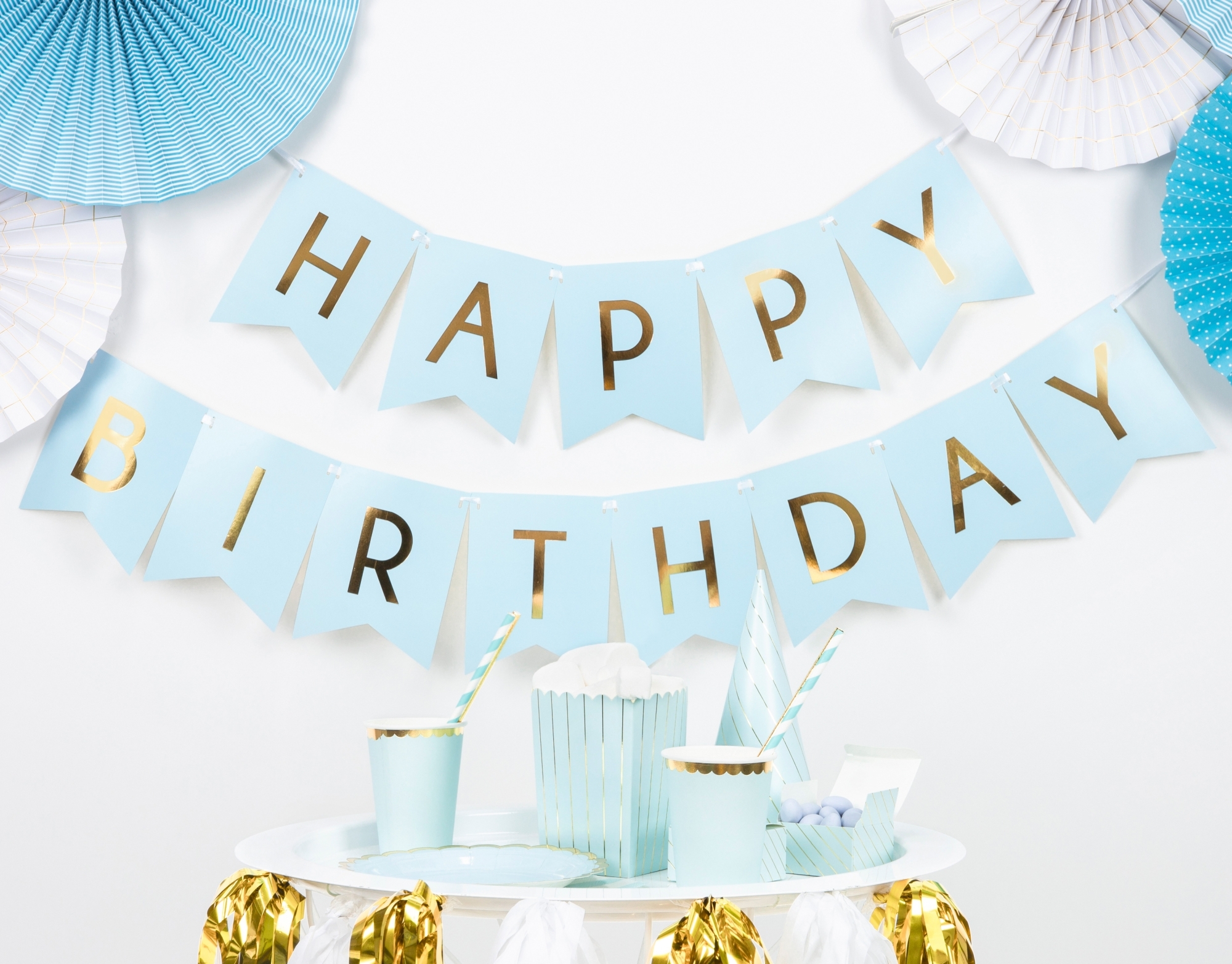 Girlande - Happy Birthday Hellblau / Gold