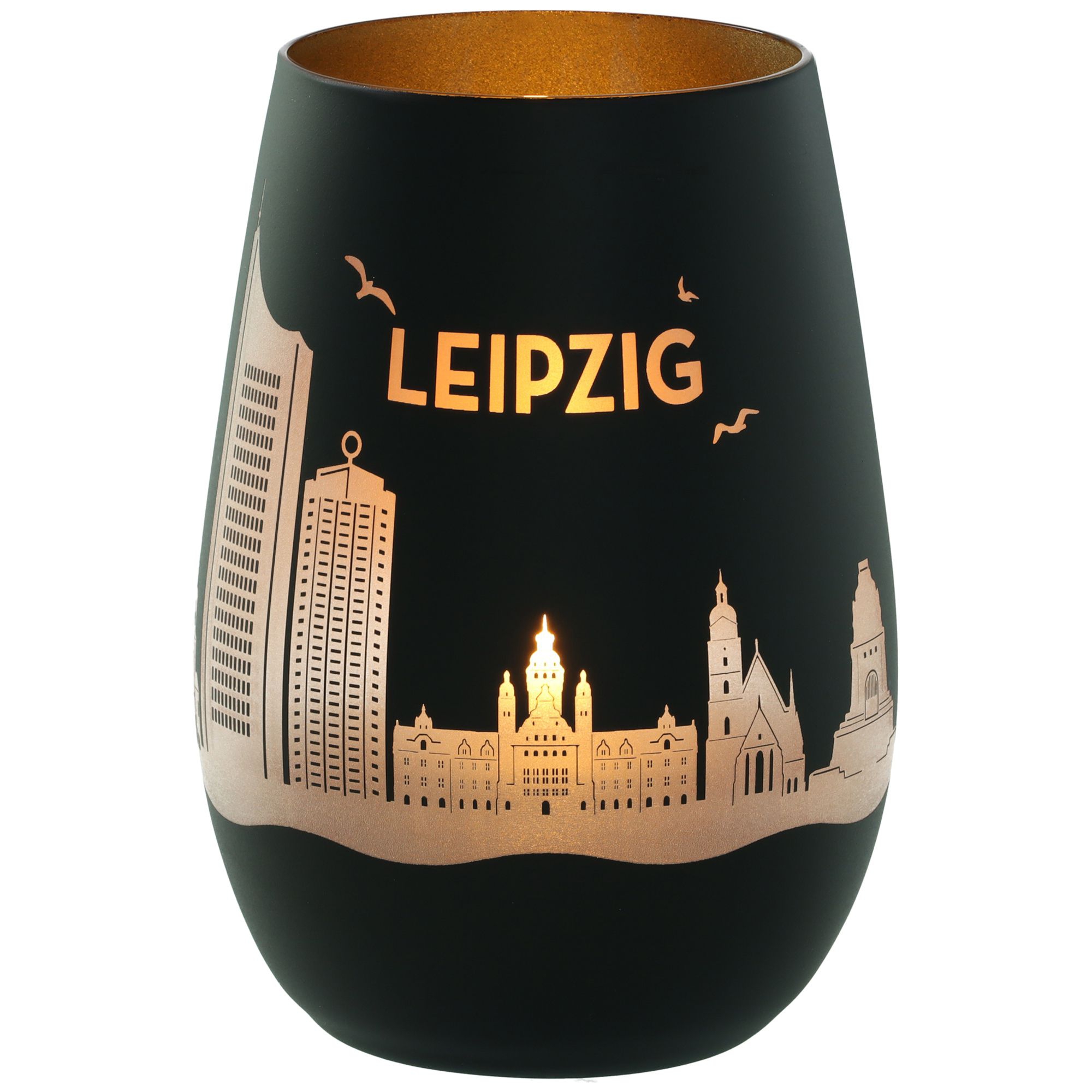 Windlicht Skyline Leipzig Schwarz/Gold