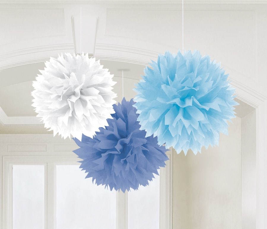 Baby Boy - 3 Fluffy Pom Poms Blau & Weiß Baby Boy - 3 Fluffy Pom Poms Blau & Weiß