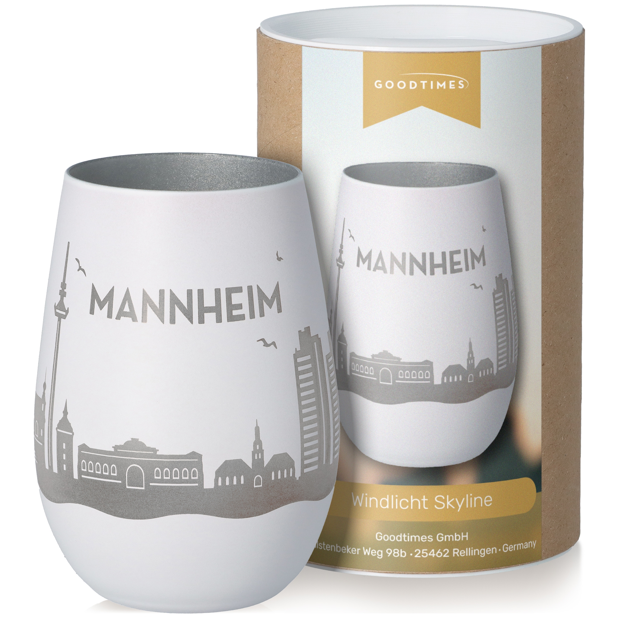 Windlicht Skyline Mannheim Weiß/Silber Töpferei, Tasse, Krug, Glas