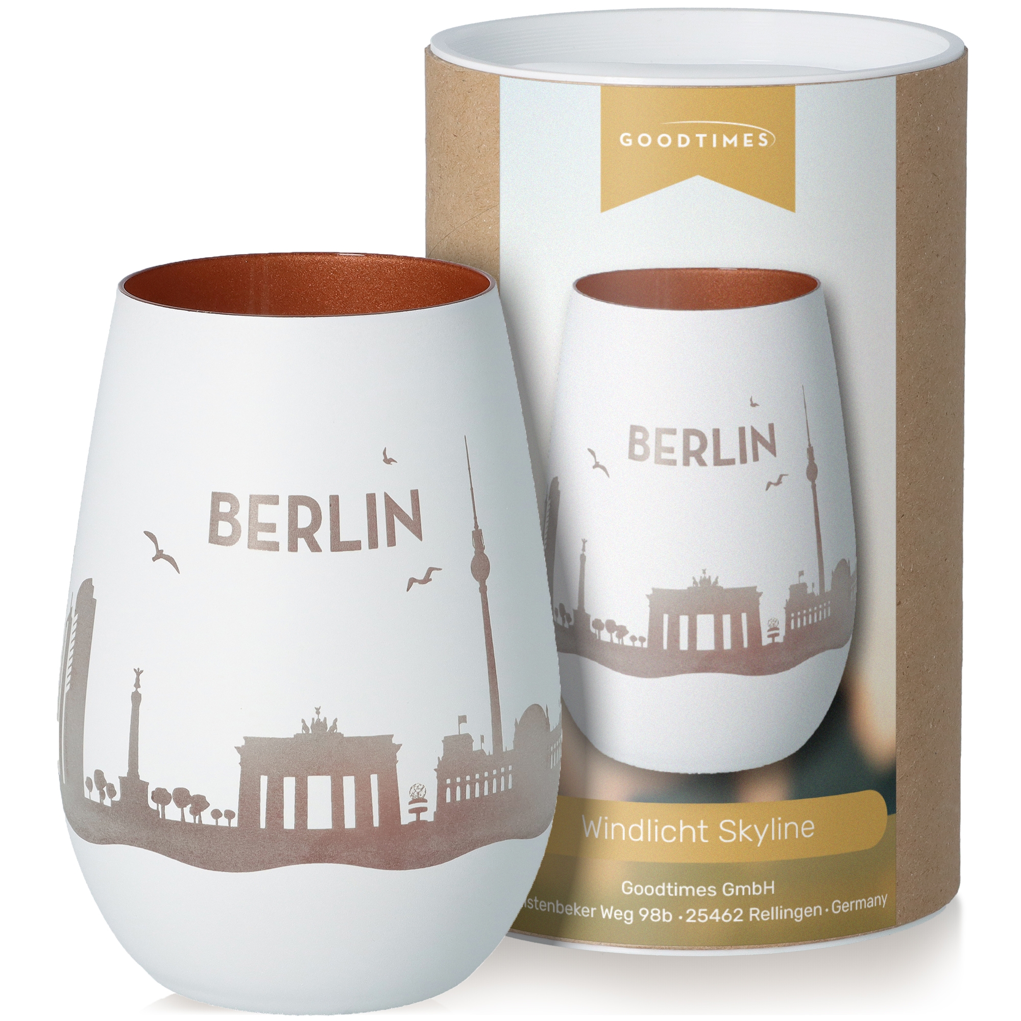 Windlicht Skyline Berlin Weiß/Bronze