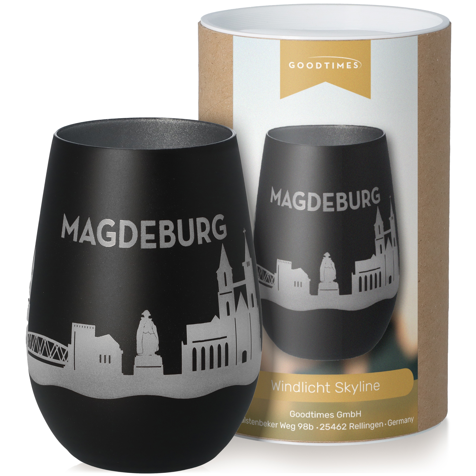 Windlicht Skyline Magdeburg Schwarz/Silber