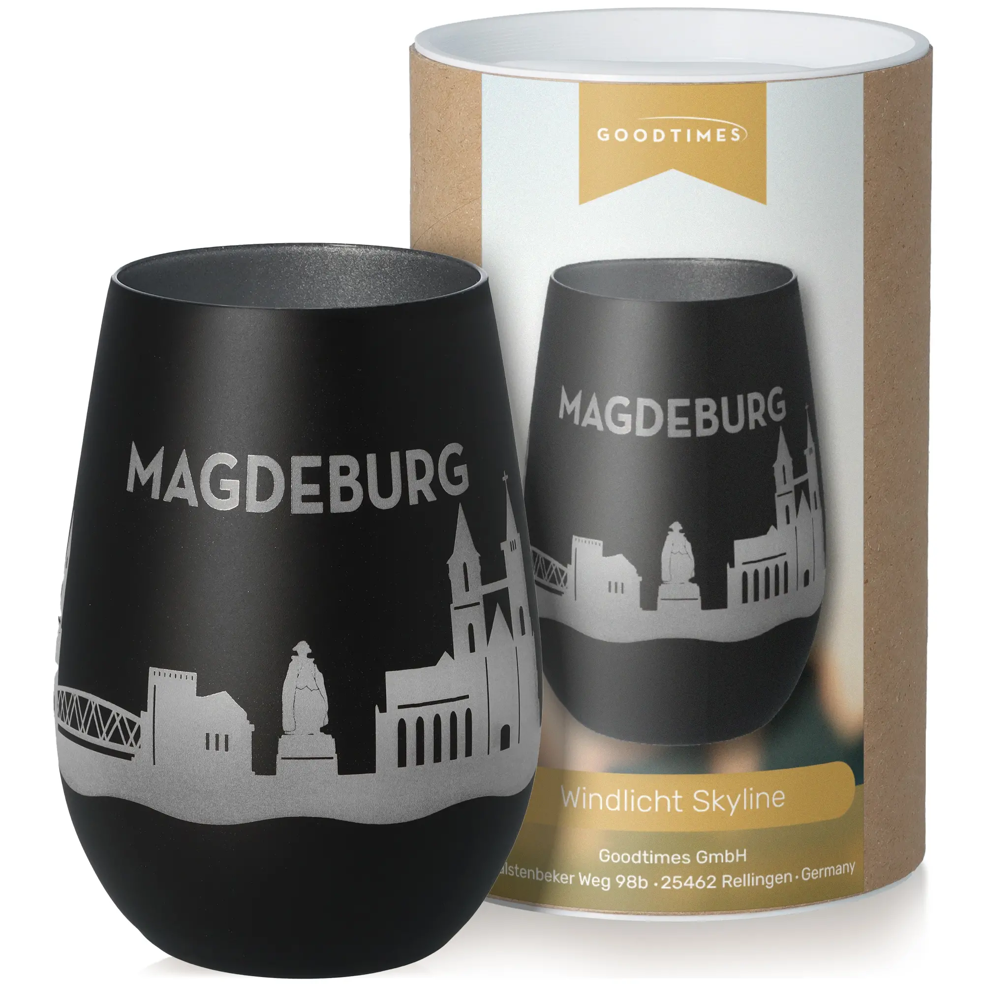 Windlicht Skyline Magdeburg Schwarz/Silber