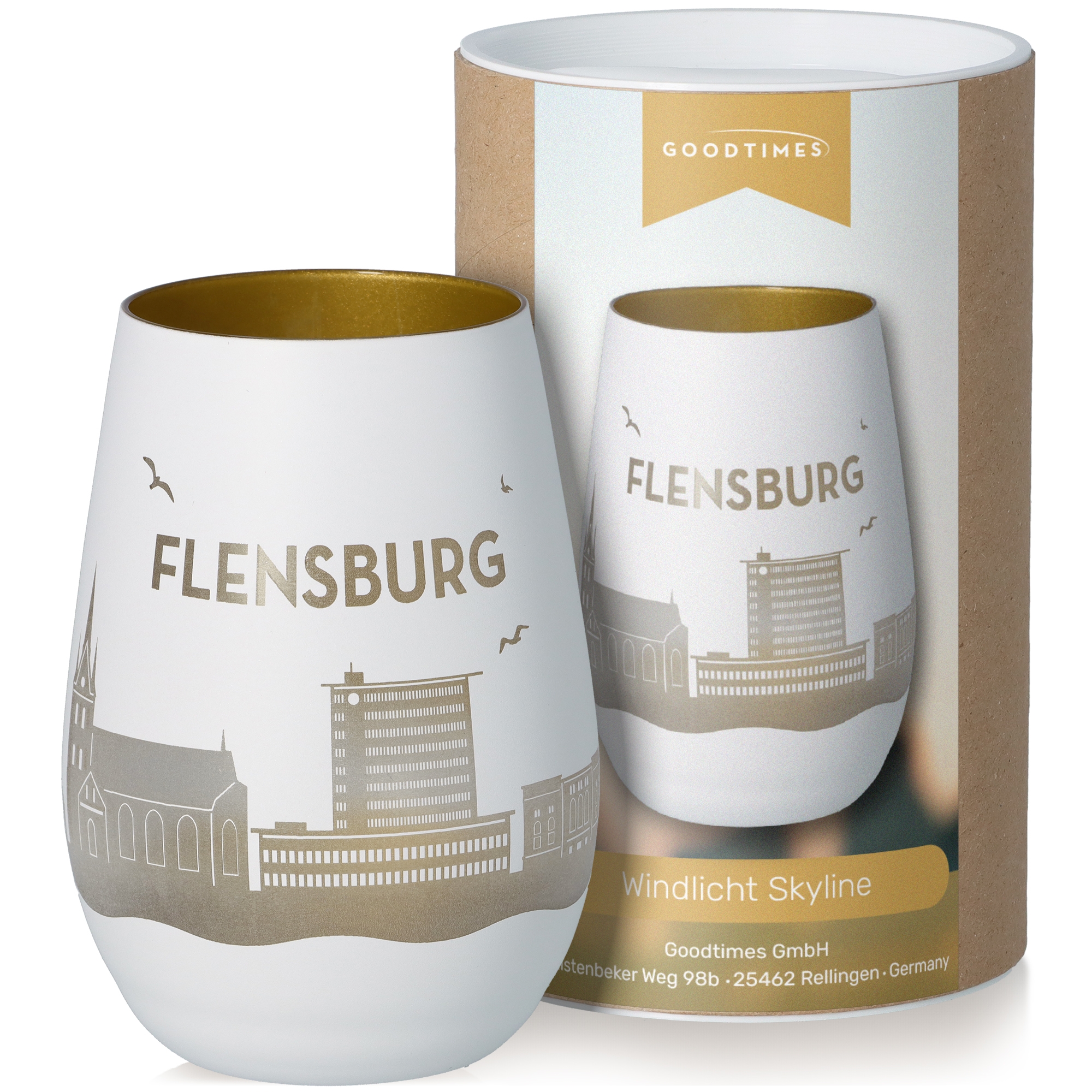 Windlicht Skyline Flensburg Weiß/Gold Töpferei, Krug, Tasse