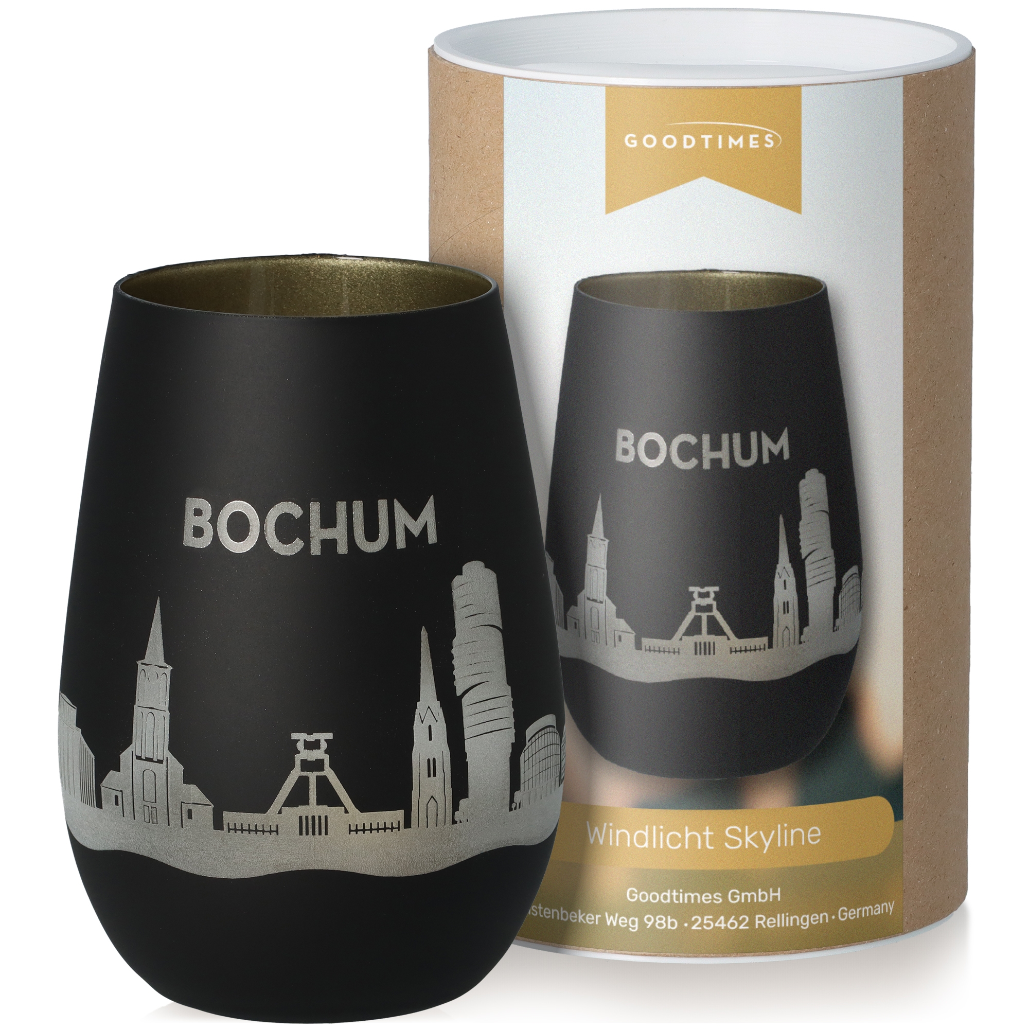 Windlicht Skyline Bochum Schwarz/Gold Krug, Lampe, Töpferei