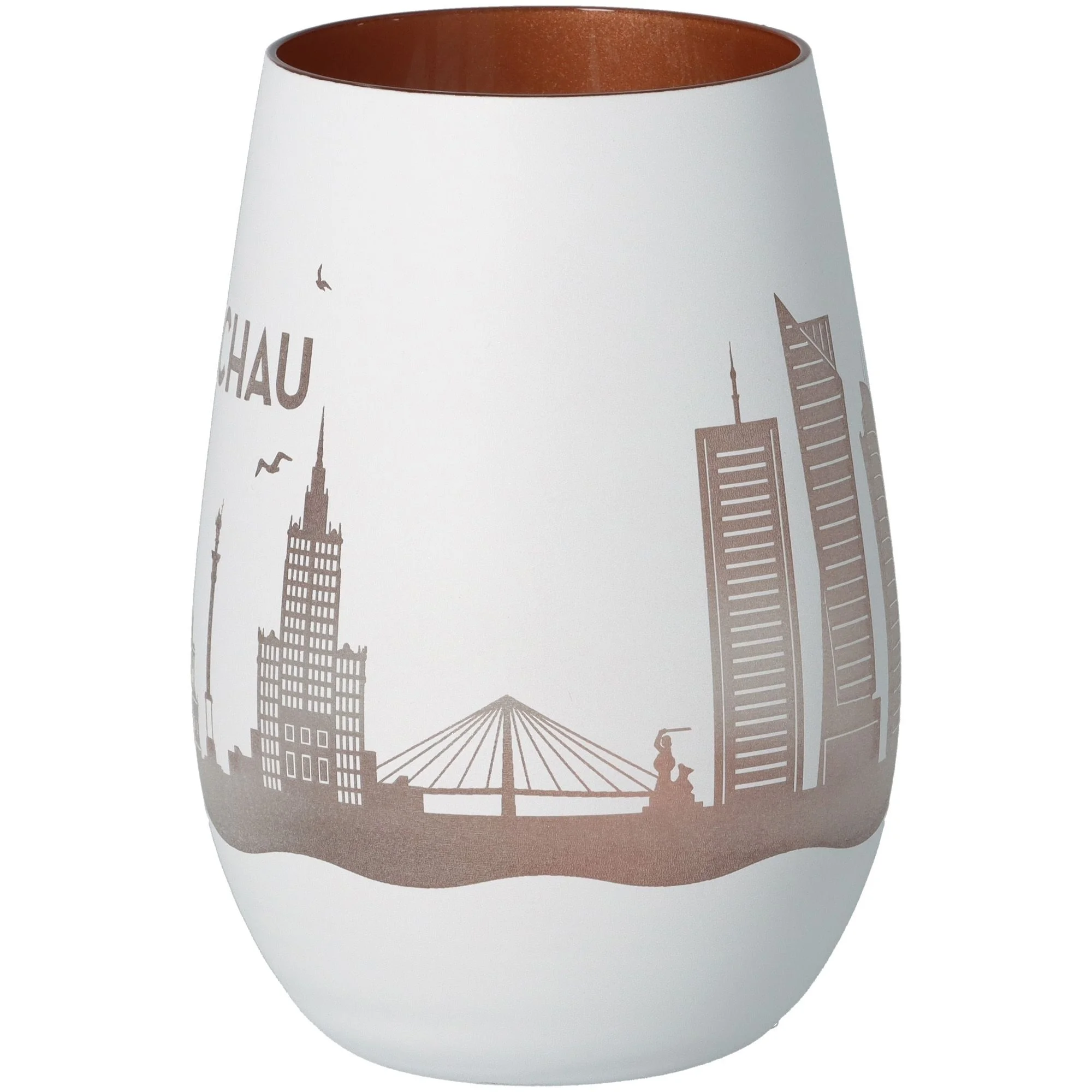 vase, Keramik, weiß, Stadtlandschaft, braun-muster