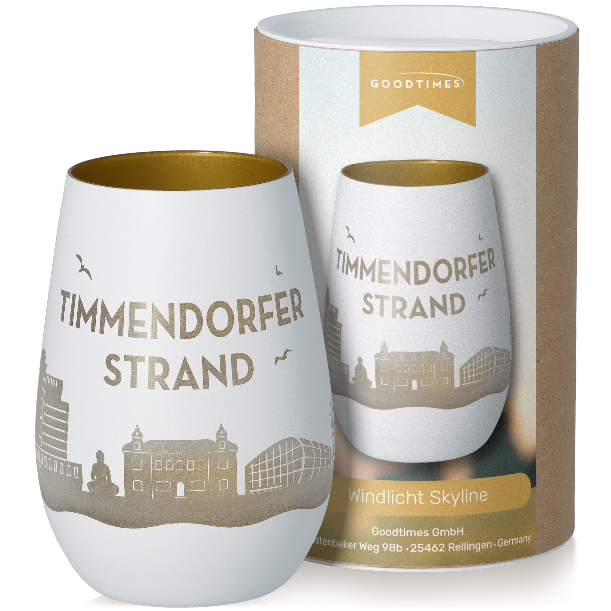 Windlicht Skyline Timmendorfer Strand Weiß/Gold Töpferei, Krug, Tasse
