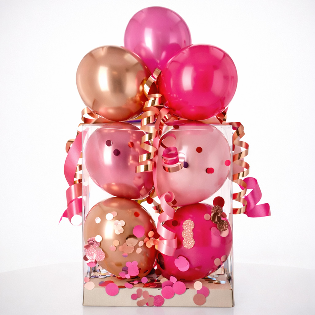 Ballons, Geschenkbox, Konfetti, Pink, Dekoration