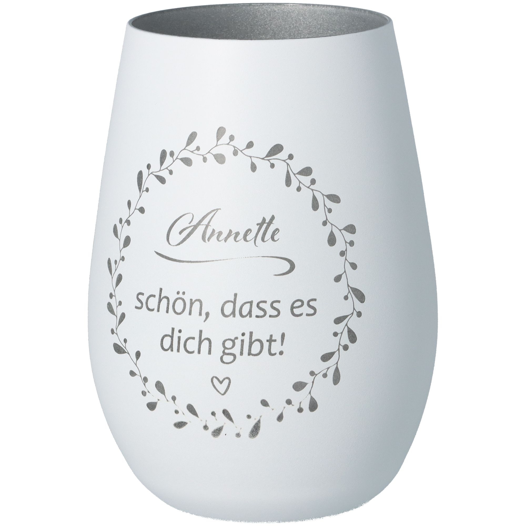 Windlicht Schön, dass es dich gibt "Name" Weiß/Silber