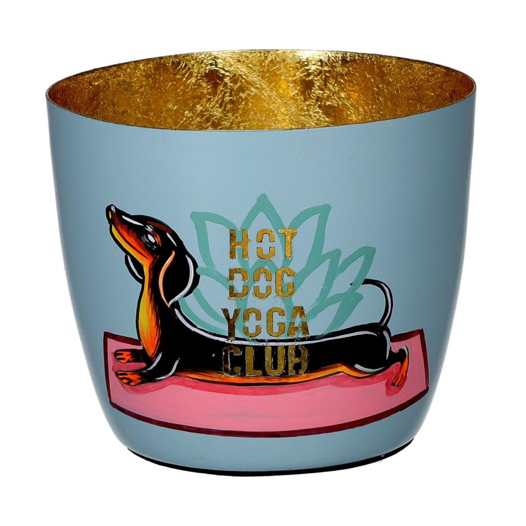 Madras Windlicht "Yoga Hund", Blau/Gold - M Töpferei, Tier, Vogel, Pinguin, Tasse