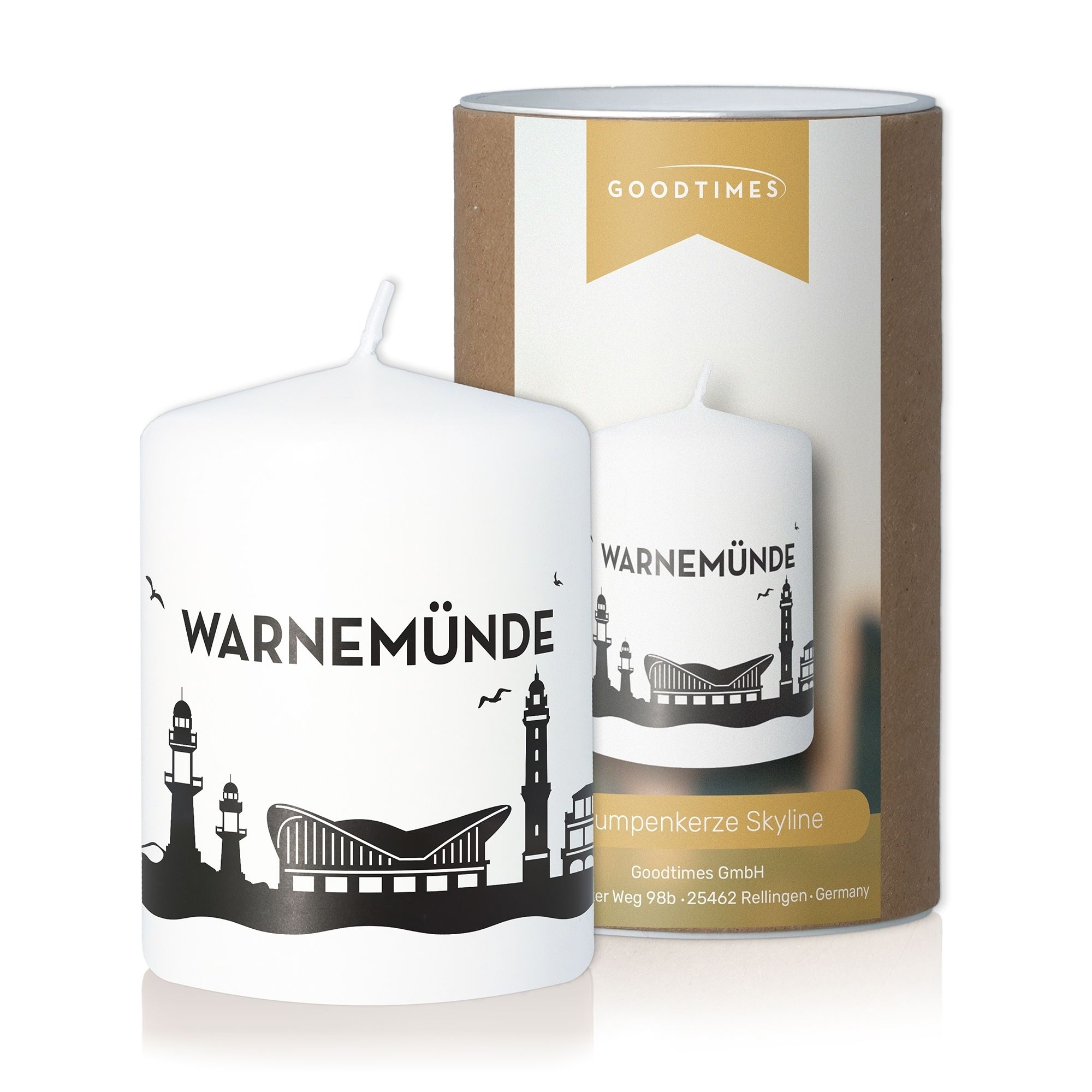 Stumpenkerze Skyline Warnemünde Weiß Kerze