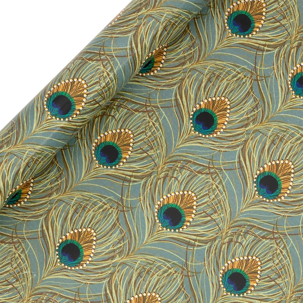  Pfauenfedern,  Stoffmuster,  bedruckter Stoff,  Türkis, Golddetails
